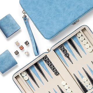 Backgammon-Sets für Erwachsene, klassisches Brettspiel mit faltbarem Kunstleder Backgammonetui, tragbares Reise-Backgammon-Set, inklusive 30 künstlichen Horn-Checkern (Blue)