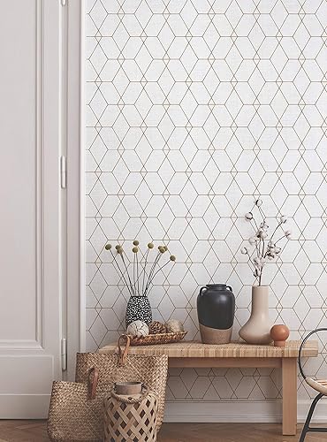 Miniatura 3 de Simple Shapes Papel tapiz con diseño geométrico de líneas Art Deco hexagonales, despegar y pegar (una sola hoja, 2 x 9 pies, color blanco hueso)