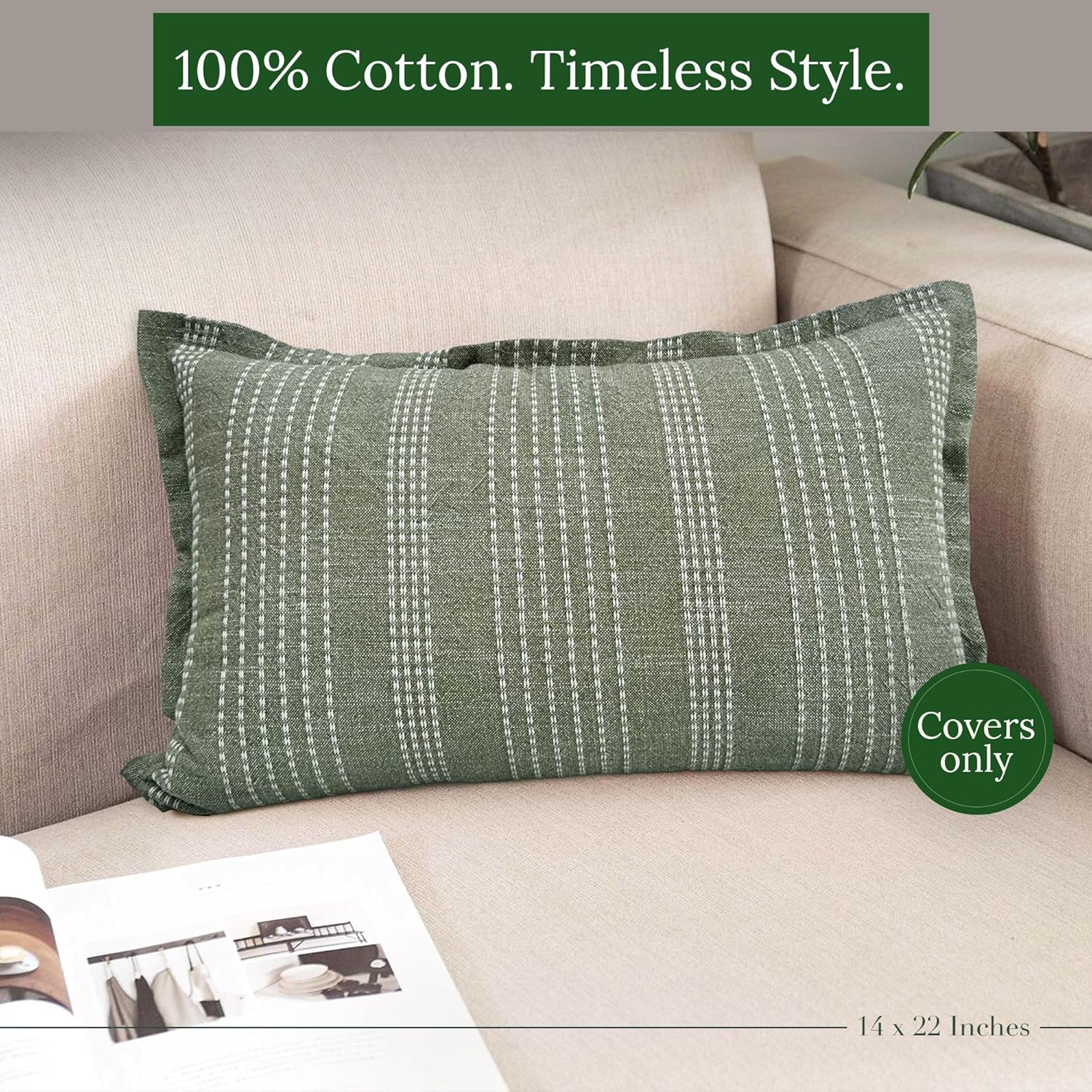 SanVia Cotton Lumbar Pillow Covers 22x14 — Handwoven Jacquard Texture, Fade-Resistant, No Pilling — Hidden Zipper, Decorative Throw Pillow Covers for Couch, Bed — No Insert (Farmhouse, Green)