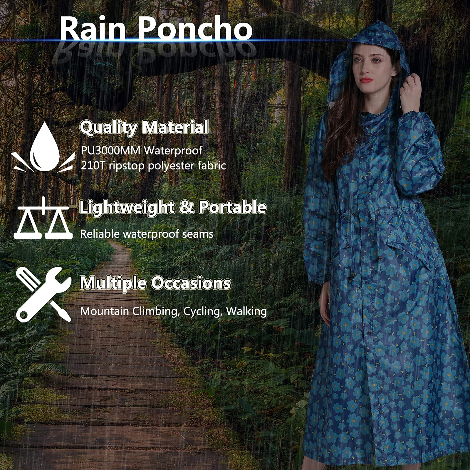 Regencape Damen, Wiederverwendbare Regen Ponjo Mit Kapuze, Portable Wasserdicht Regencape Wandern, Lang Raincoat Women FüR FreizeitaktivitäTen Im Freien, Festivals, Camping, Wandern,C,XXL
