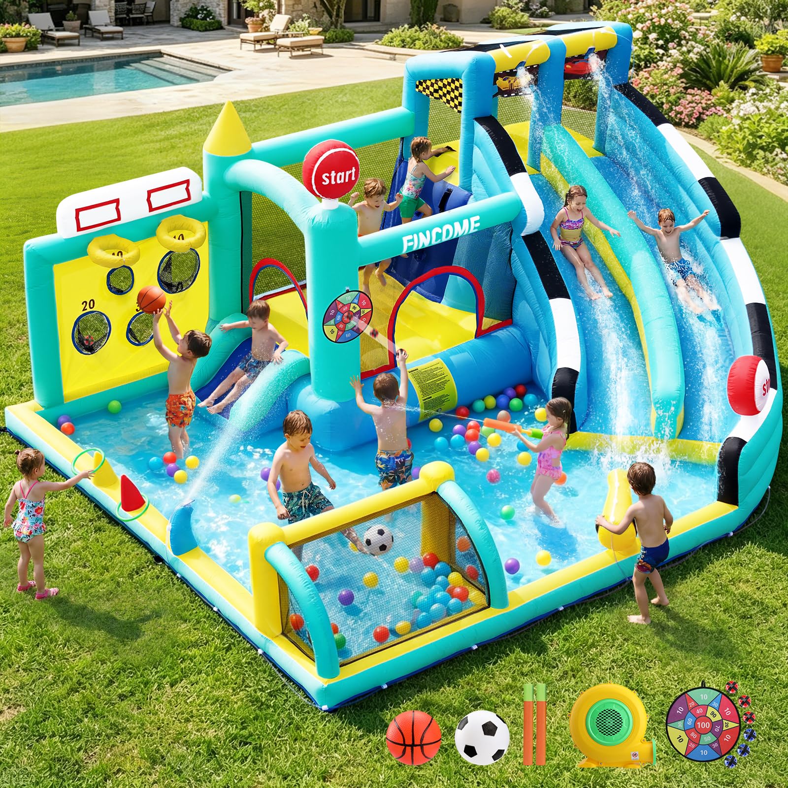 Photo 1 of FINCOME Bounce House Double Slides for Kids 3-10, Large Bounce Castle with Air Blower 550W, Pool, Jumping, Climbing, Balls, Ring Toss, Inflatable Water Park for Birthday Party Holiday Outdoor Indoor
