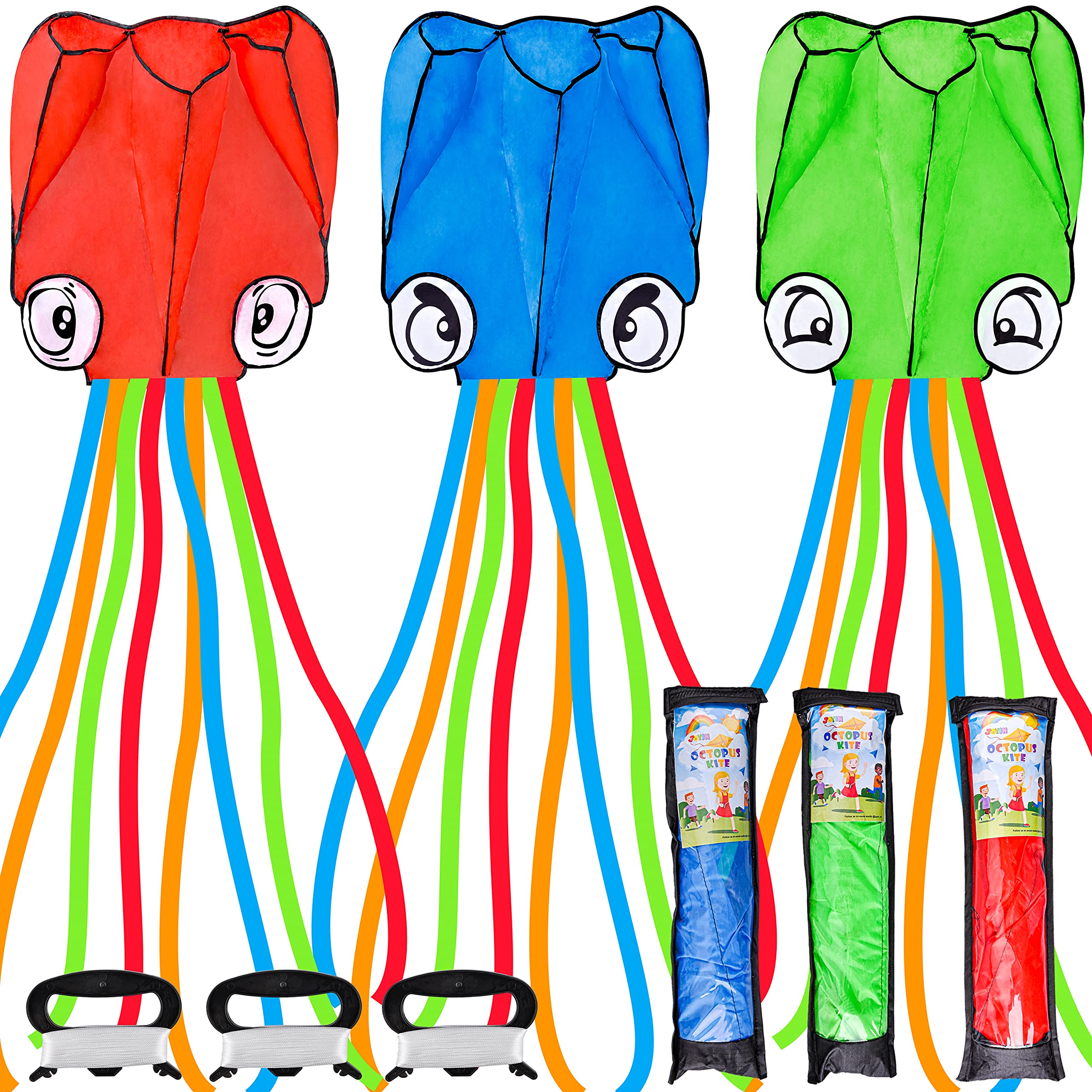 JOYIN 3 Packs Large Octopus Kite with Long Tail, Easy to Fly Huge Kites for Kids and Adults with 262.5 ft Kite String, Large Beach Kite 3D Kite for Outdoor Games and Activities