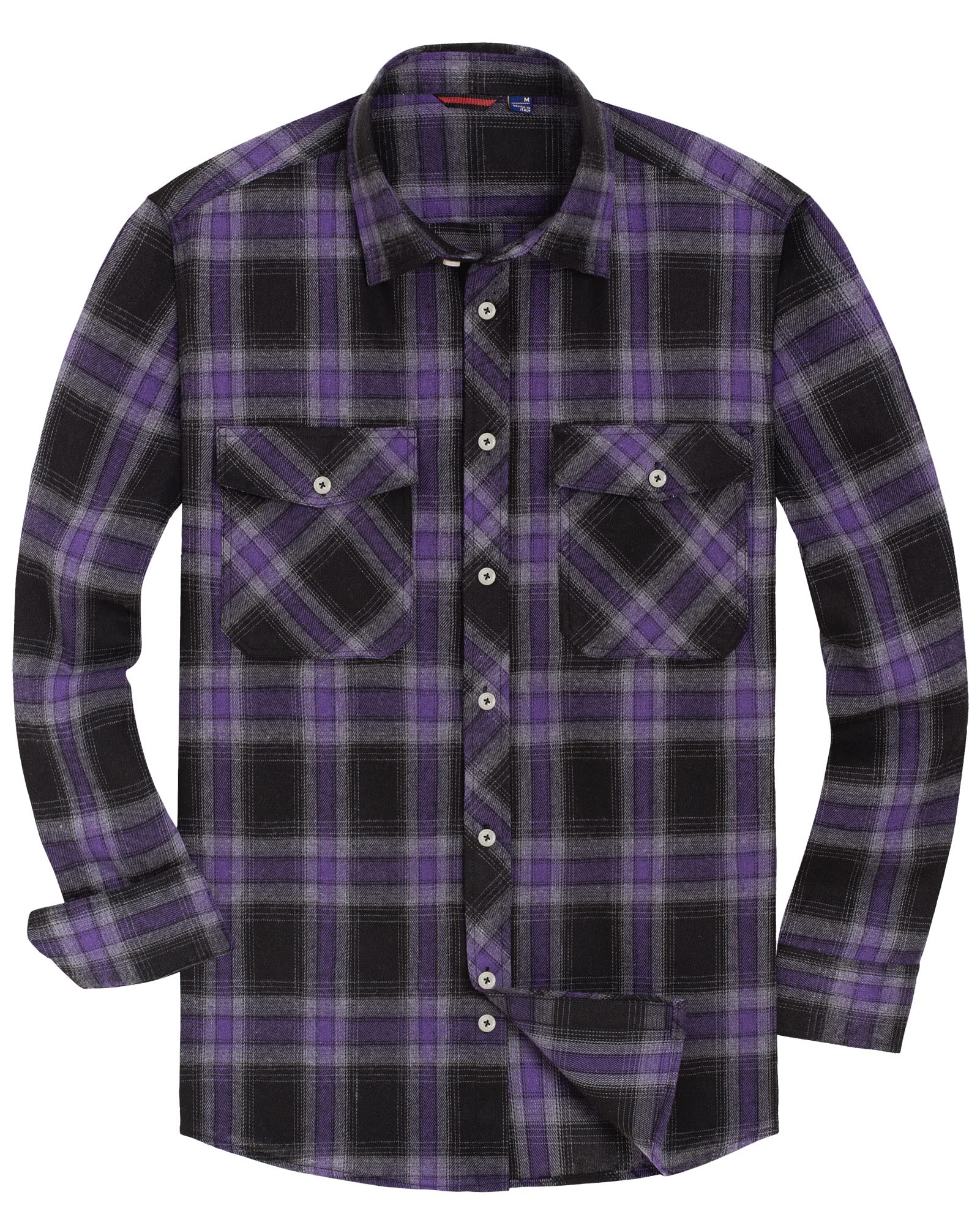 Alimens & Gentle Men's Button Down Regular Fit Long Sleeve Plaid Flannel Casual Shirts, Purple Grey Black, XL