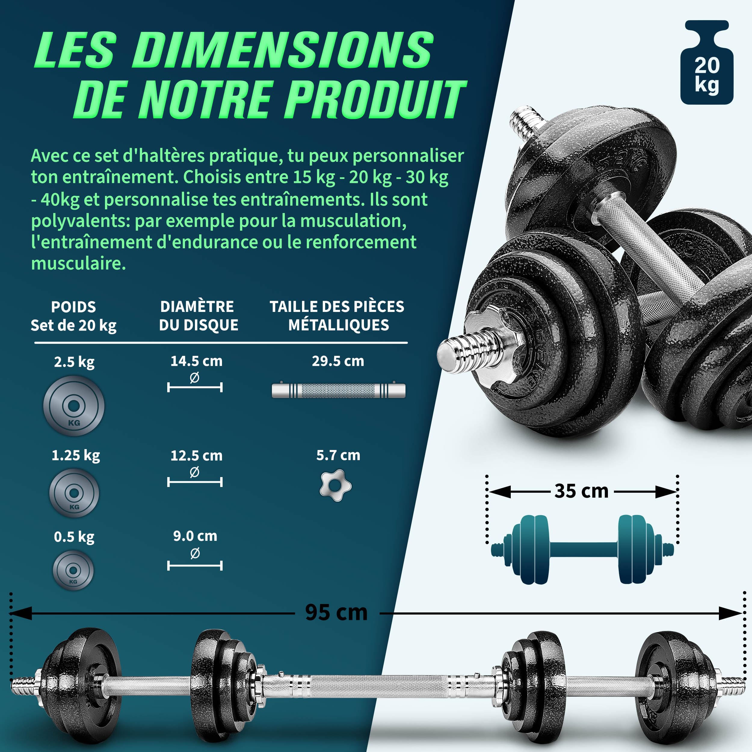 RE:SPORT Kit d'haltères 2-en-1 15-40 kg | Ensemble modulable d'haltères en fonte | Haltères longs et courts | Fermetures en étoile et Barre de liaison