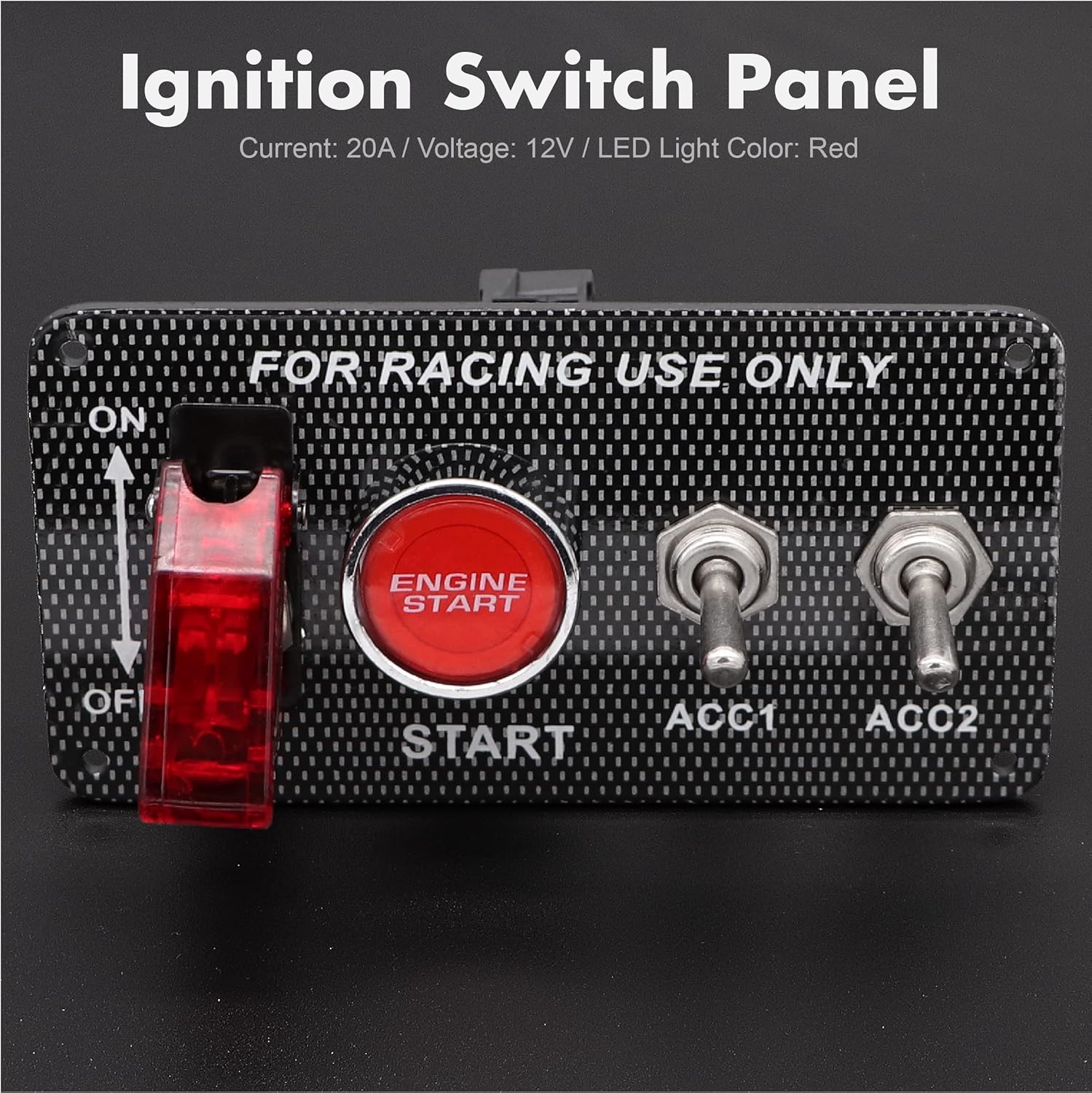 12V 30A 4-in-1 Ignition Panel Kit, Aluminum Alloy Switch Panel with Engine Start Button, Red LED Toggles & Aircraft Cover, Pre-drilled for Racing Car, Boat, RV, Truck