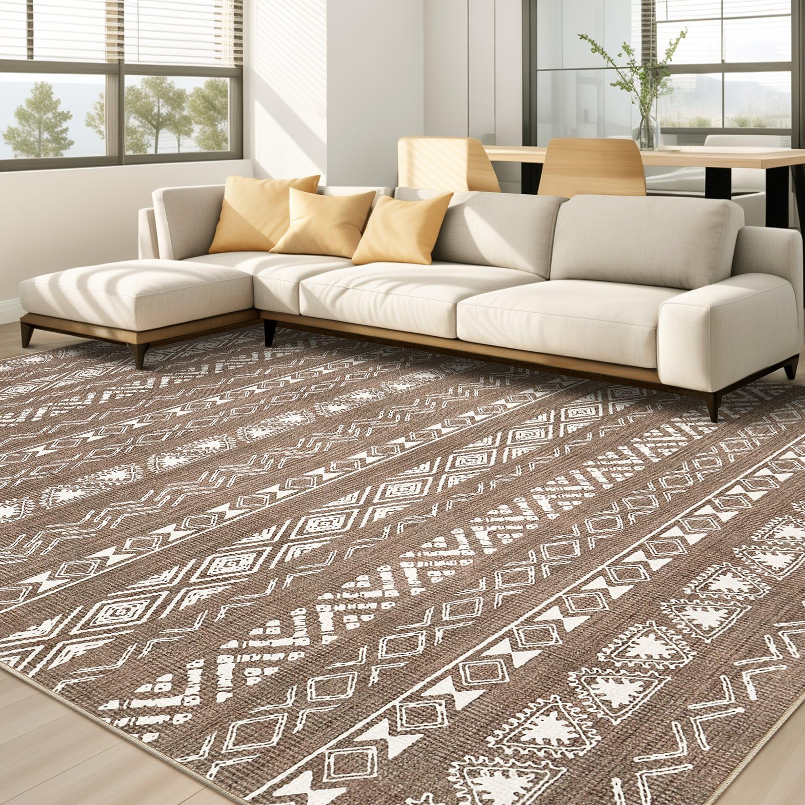 kakania 9x12 Washable Area Rug: Non Slip Soft Thin Carpet, Boho Geometric Modern Decor, Easy Clean Indoor Floor Large Rugs for Living Room Bedroom