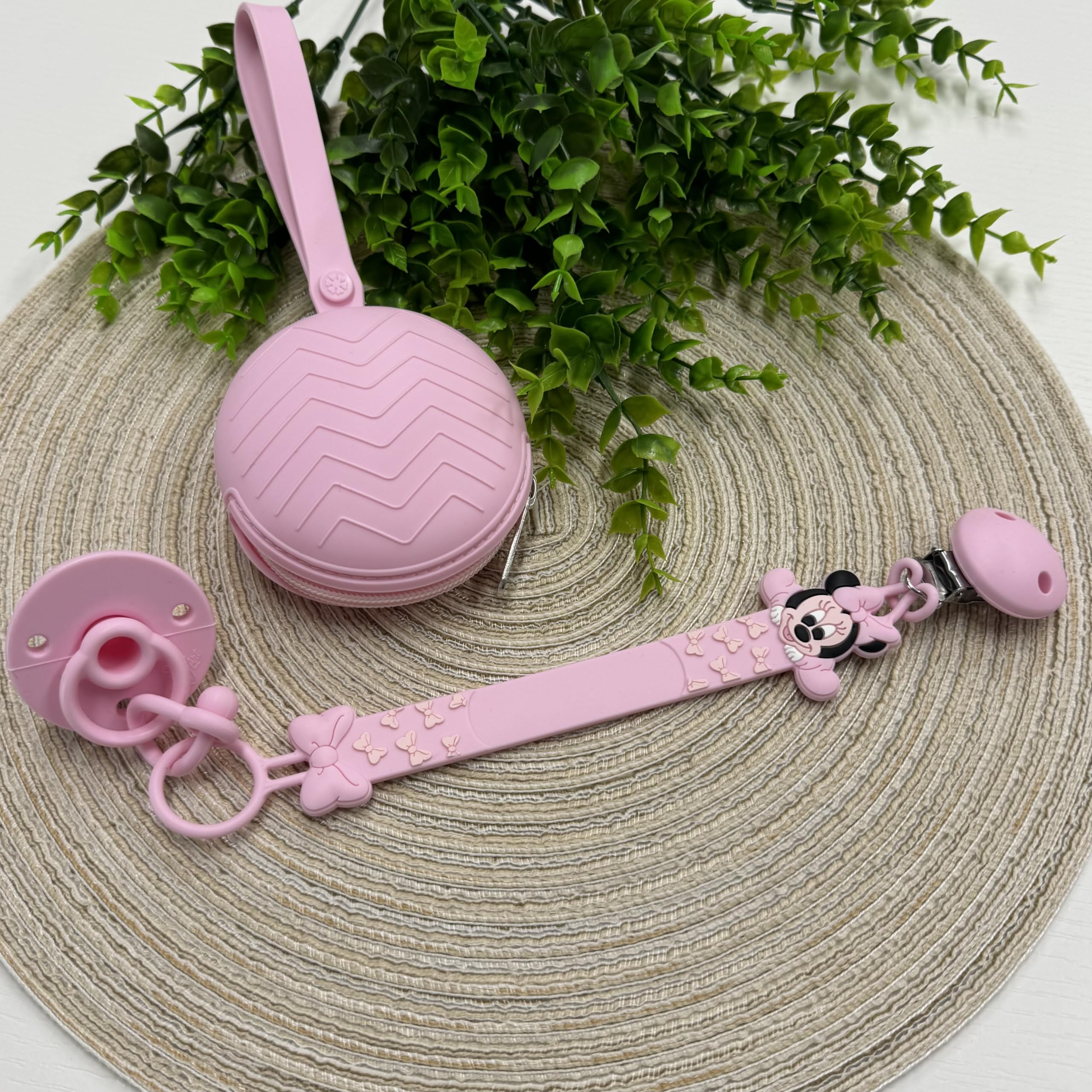NOVITÁ Fettuccia IN SILICONE, Catenella portaciuccio personalizzata con nome FLAT BABYJART, lavabile, sicura per il bambino, compatibile con ciuccio MAM e CHICCO! (Minnie Rosa Pastello)
