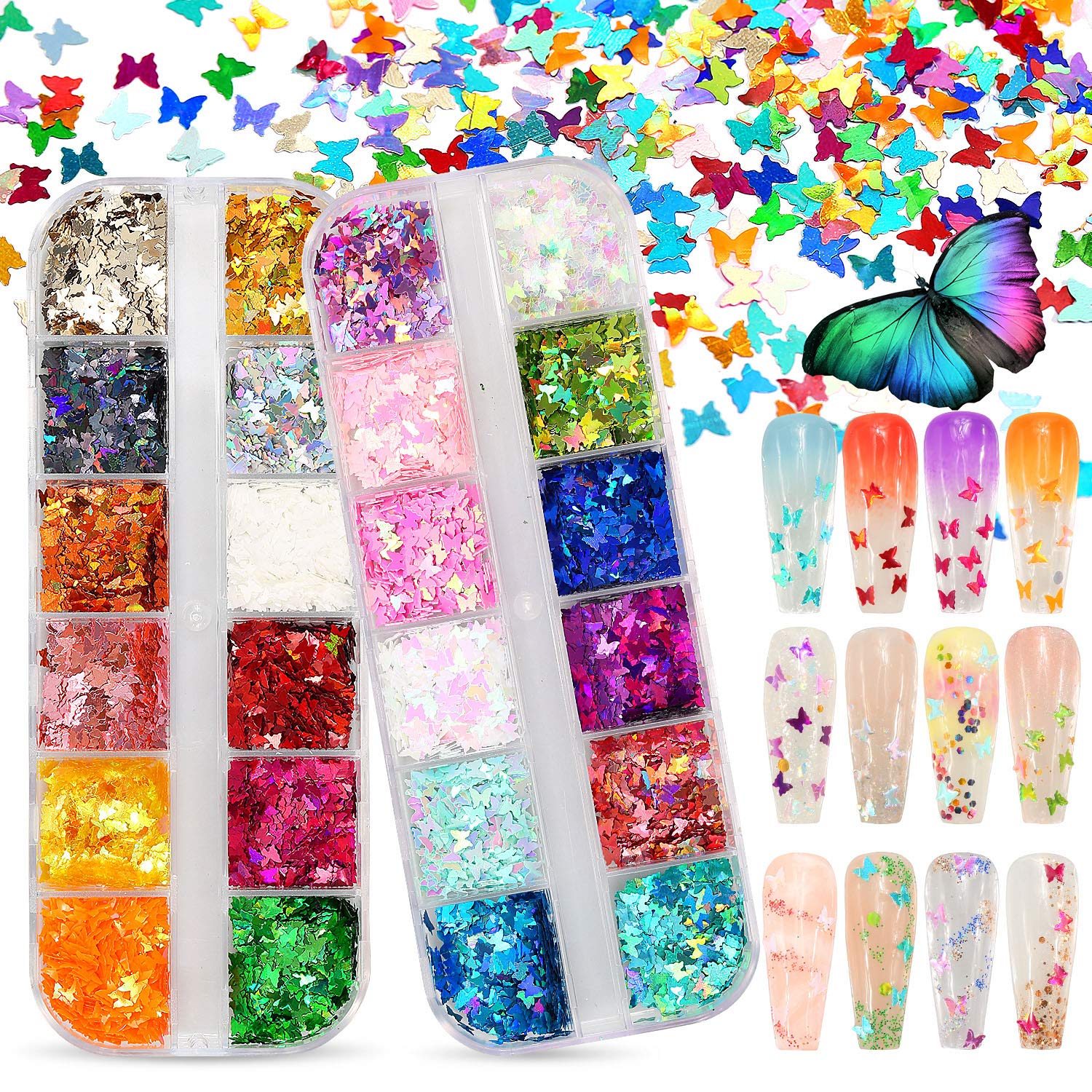 Warmfits 3D Holographic Butterfly Nail Glitter 24 Colors/Set Splarkly Nail Sequins Flake Acrylic Manicure Paillettes Ultrathin Face Body Glitters for Nail Art Decoration & DIY Crafting (Pattern A) : Beauty & Personal Care