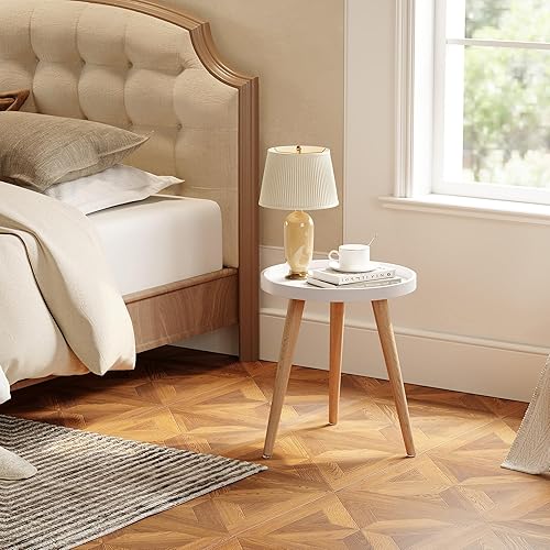 Miniatura 5 de Apicizon Mesa auxiliar redonda, mesa auxiliar blanca para sala de estar, dormitorio, espacios pequeños, mesa de noche de fácil montaje, 15 x 18