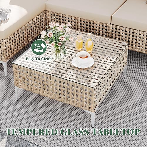 Miniatura 5 de Juego de muebles de patio, sofá al aire libre con mesa de café de cristal y cojín grueso, juego de sofá chaise longue de mimbre, juego de