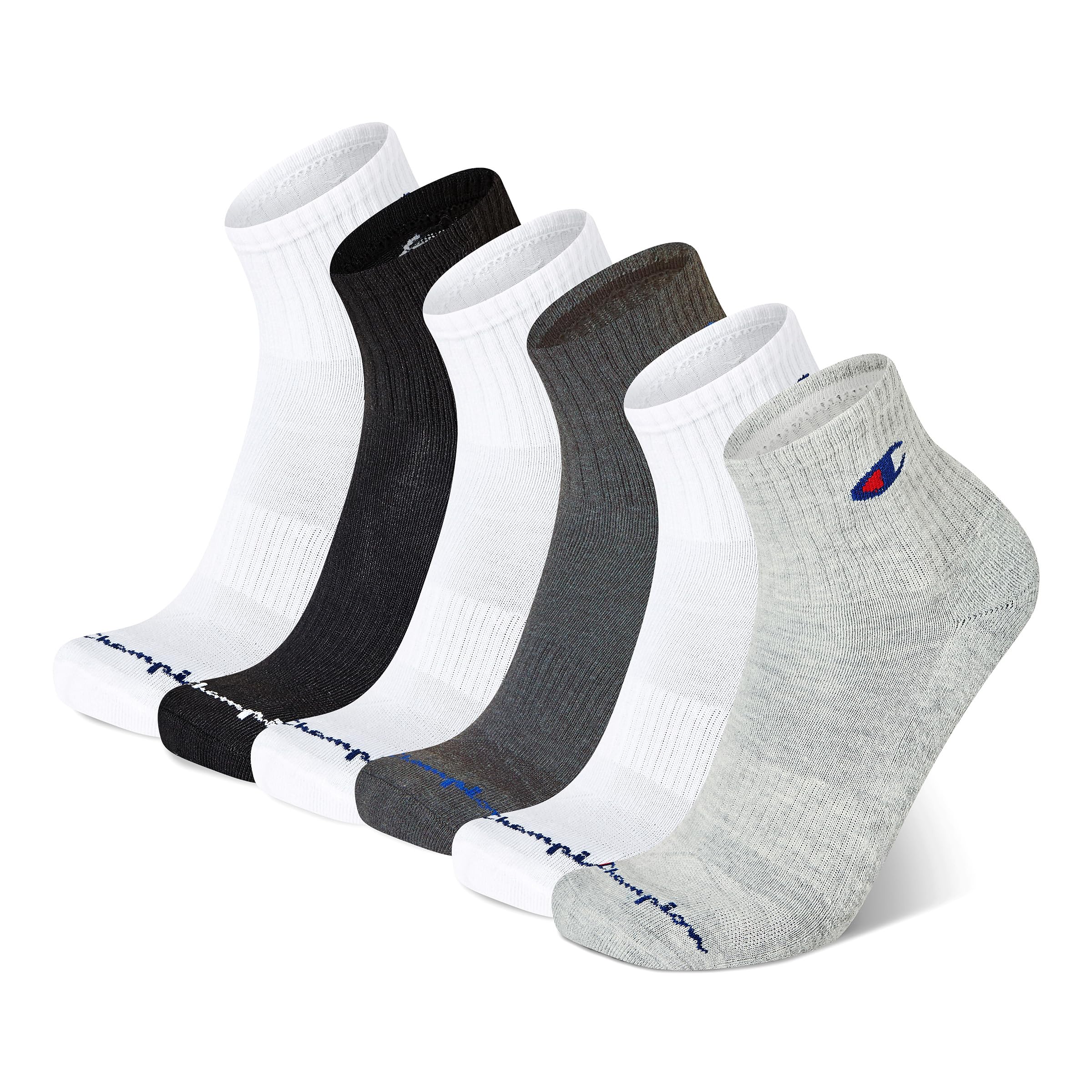 Champion Men's Ankle Socks – 6-Pack Moisture-Wicking Athletic Socks with Cushioning & Arch Support (Size 6-12), High Quarter Multi (White, Grey, Black), 4.5-12 UK