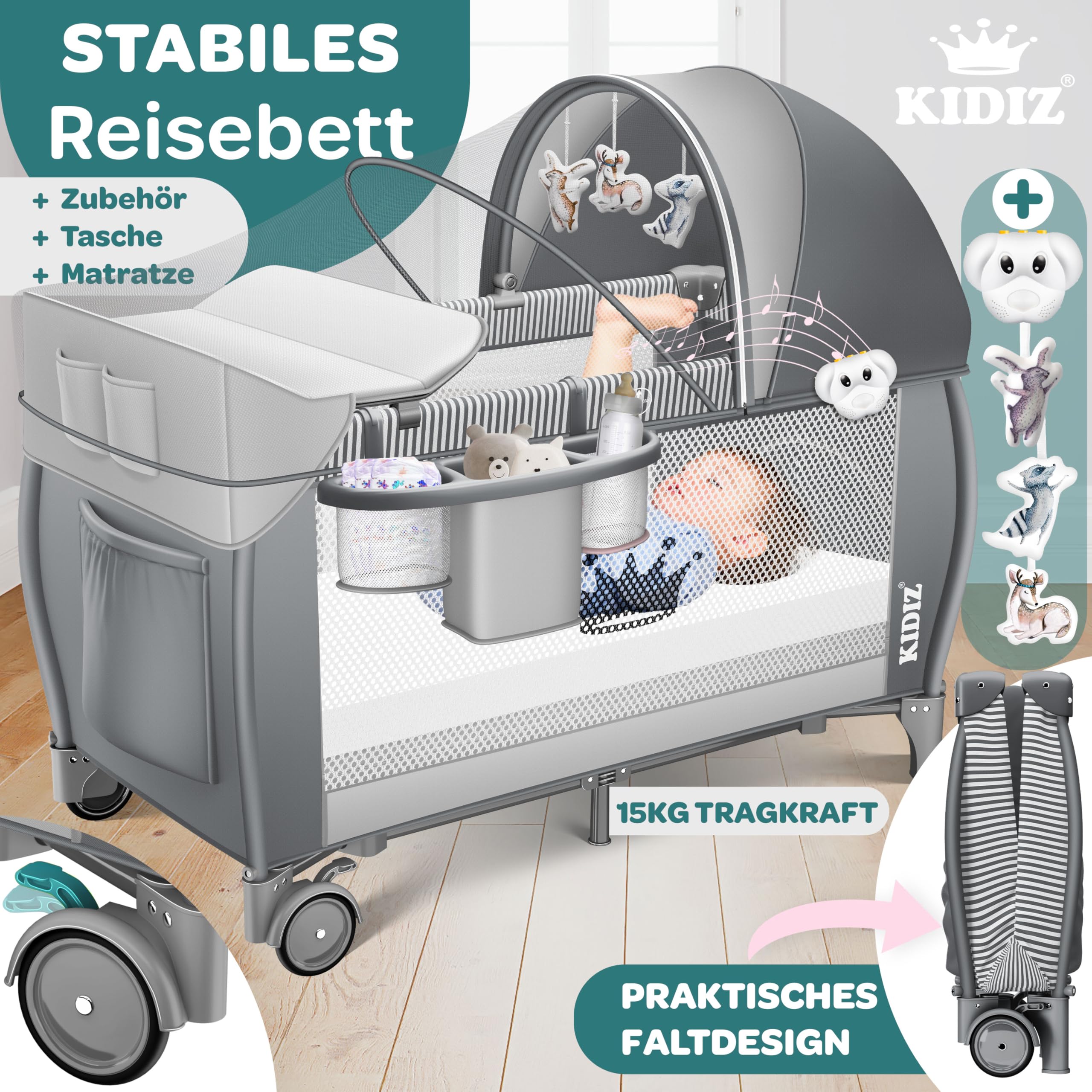 Kidiz Babybett Reisebett klappbar mit Matratze & Räder 120x60 Seiteneingang Wickelauflage Moskitonetz Tragetasche ab Geburt bis 15 kg Grau