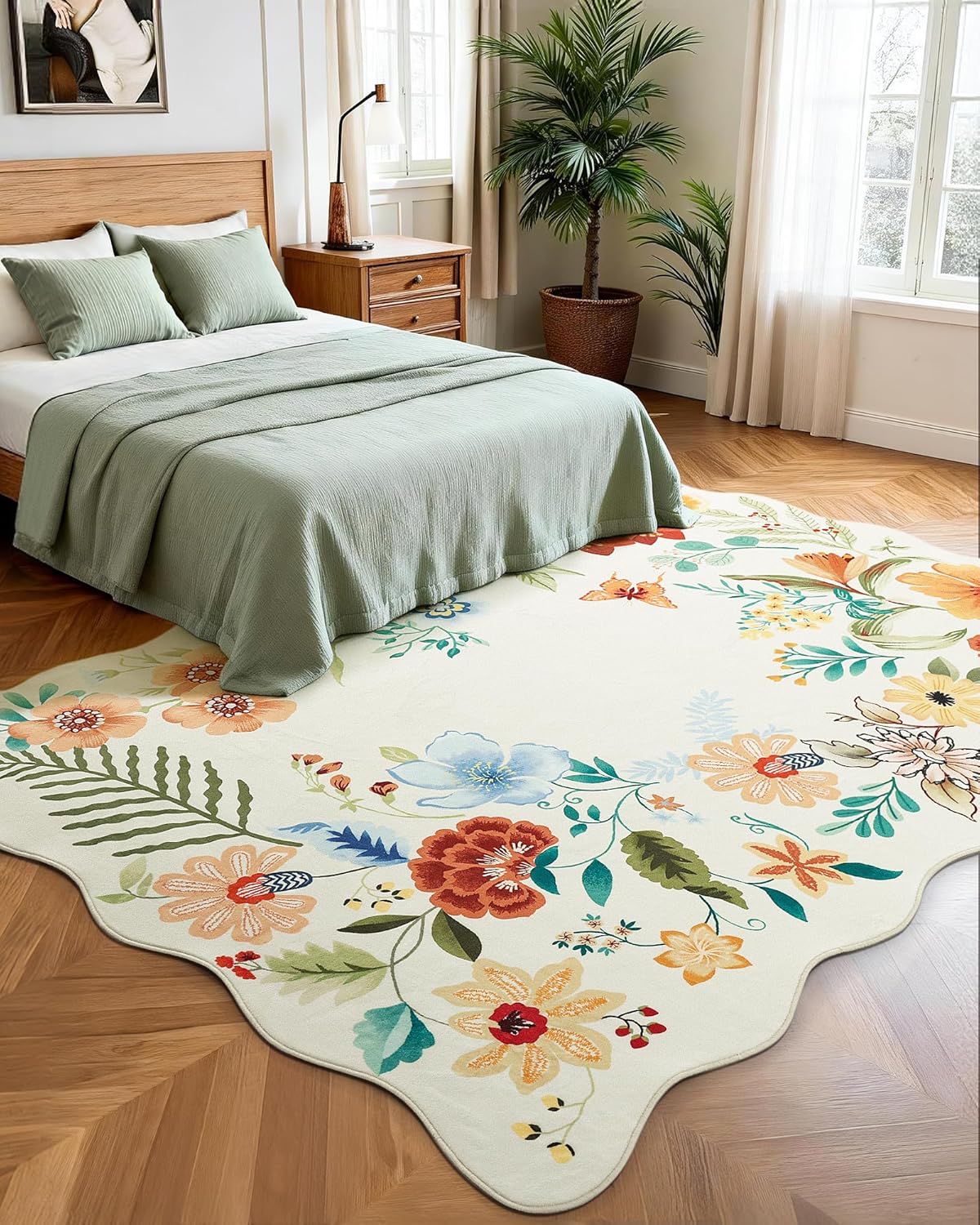 Carvapet 6x9 Area Rug - Scalloped Floral Botanical Washable Rugs for Living Room Bedroom Nursery, Low Pile Non Slip Boho Carpet, Large Beige Indoor Rug