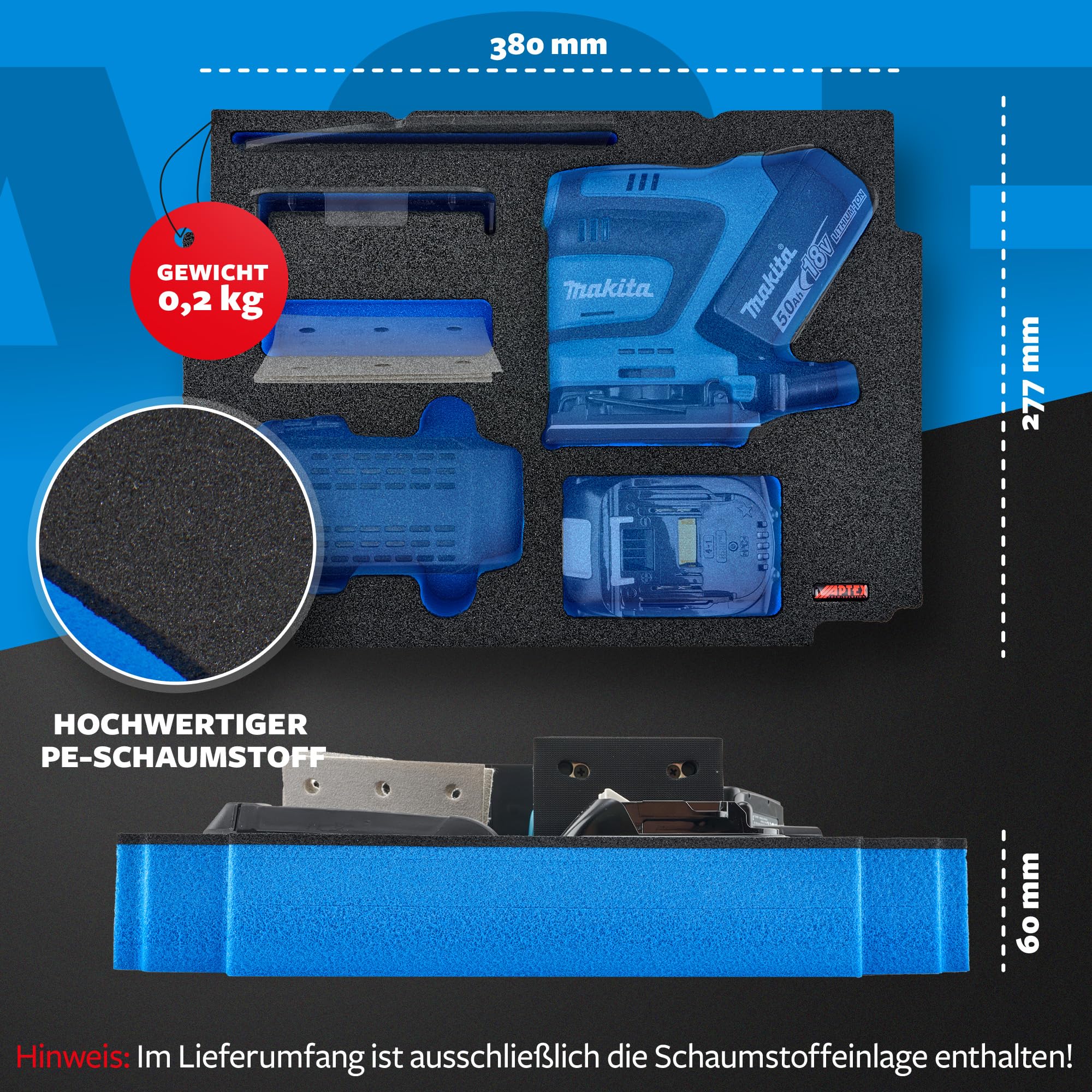 APTEX Schaumeinlage für Makita DBO 480–482 Akku-Schwingschleifer – Polstereinlage & Schaumstoffpolsterung für MakPac Gr. 2‑3 und Makita Zubehör