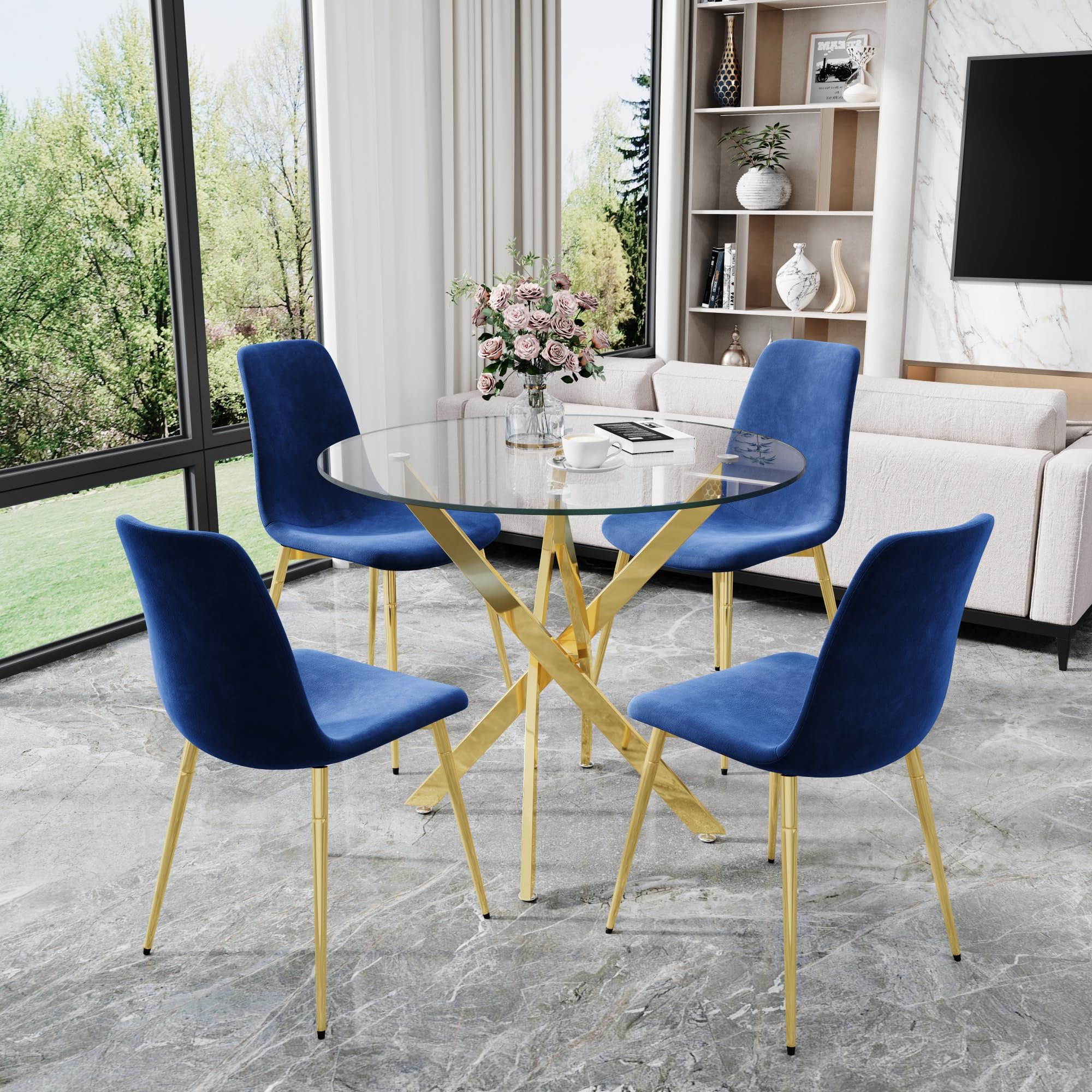 AF ARTISAN FURNITURE 36" Round Glass Dining Table Set for 4, 5-Piece Modern Kitchen Tables with 4 Blue Velvet Chairs, Modern Circle Leisure Table for Home Office Dining Room Small Spaces (Gold Leg)