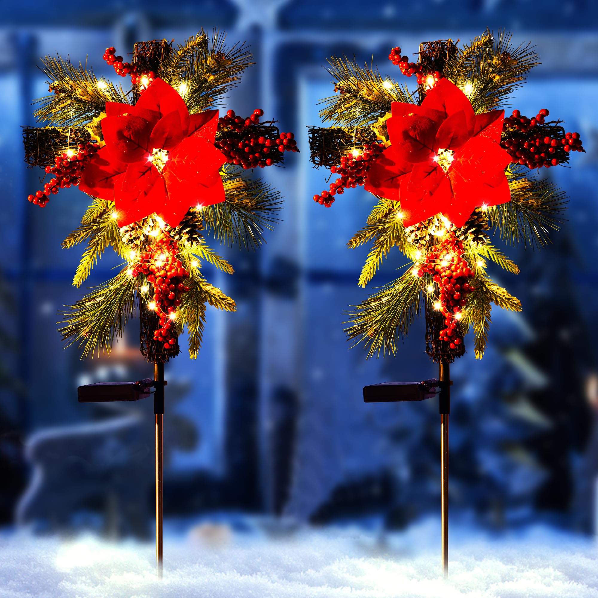 ZIVASA 60LED Solar Christmas Decorations Lights Outdoor, Xmas Strudy Cross Stake Lights IP65 Waterproof, Auto On/Off Cross Light Cemetery Grave for Garden Lawn Yard Gravesite, 2PCS