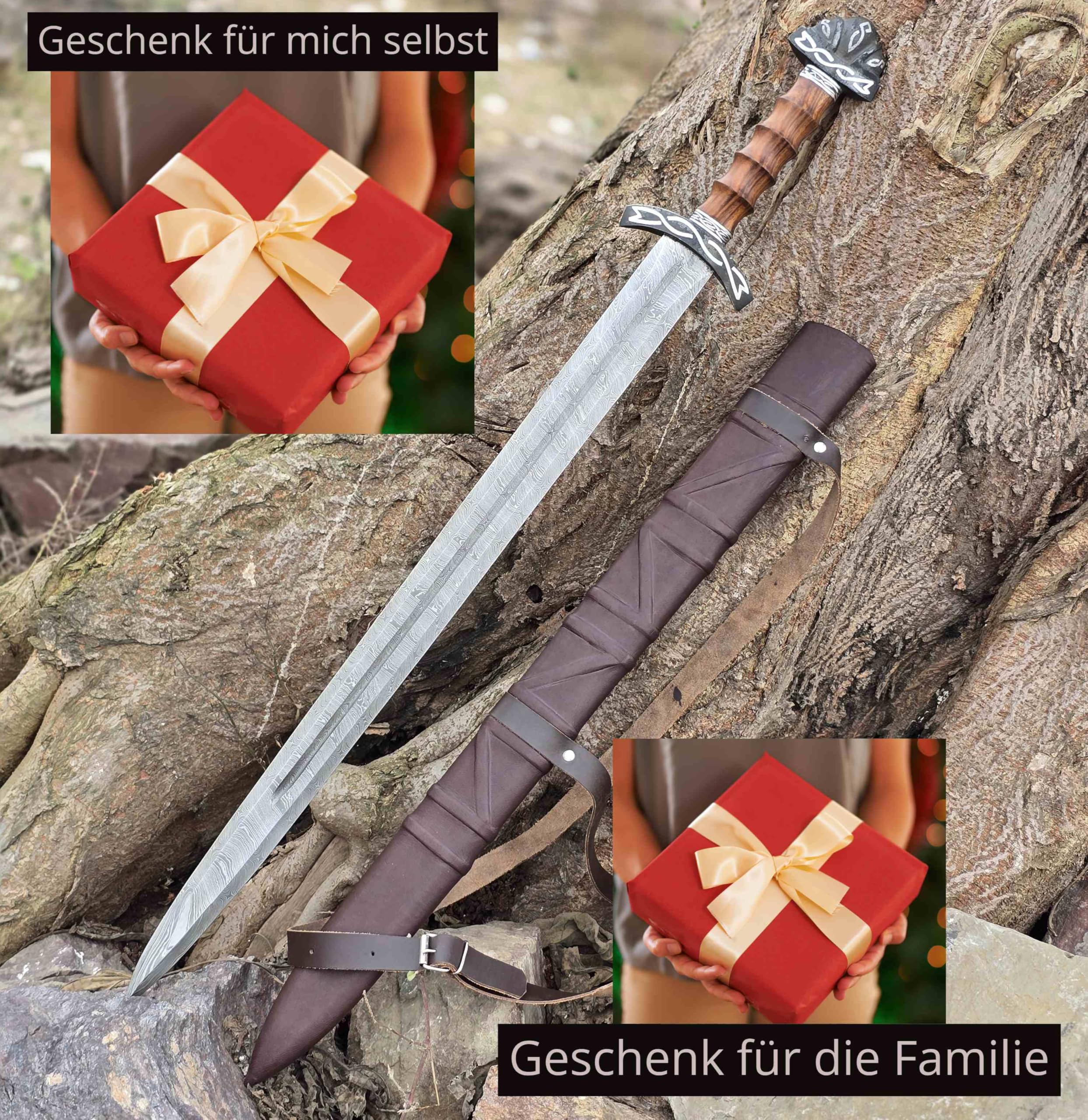 Wikinger-Schwert, 101 cm, Damaszener Stahl, Doppelschneidig mit Hohlkehle, Holz-Zink-Griff, Scheide, Mittelalter-Kollektion
