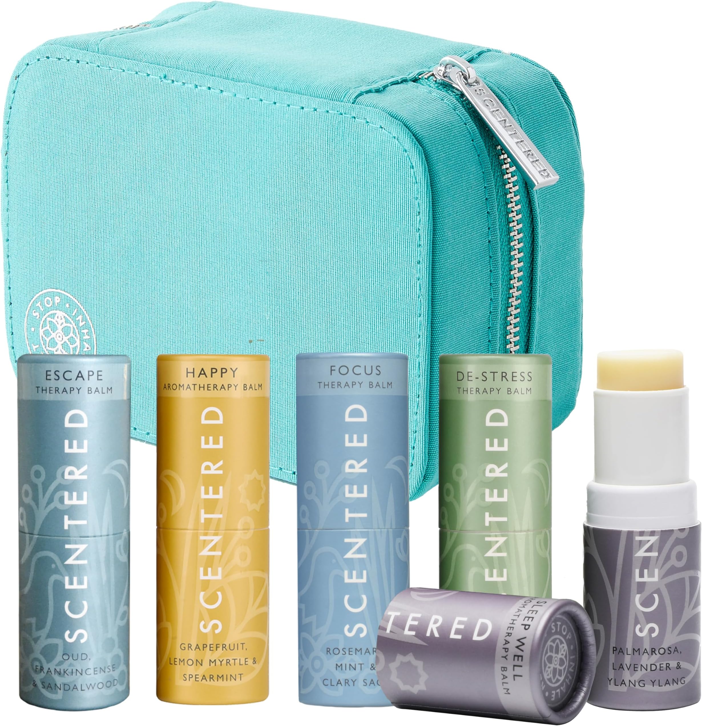 Aromatherapy Balm Stick Gift Set with Travel Pouch - Sleep, Focus, Stress-Relief, Mood Boost & Calm - Premium Essential Oil Blends: Lavender, Chamomile, Rosemary, Cedarwood, Ylang Ylang