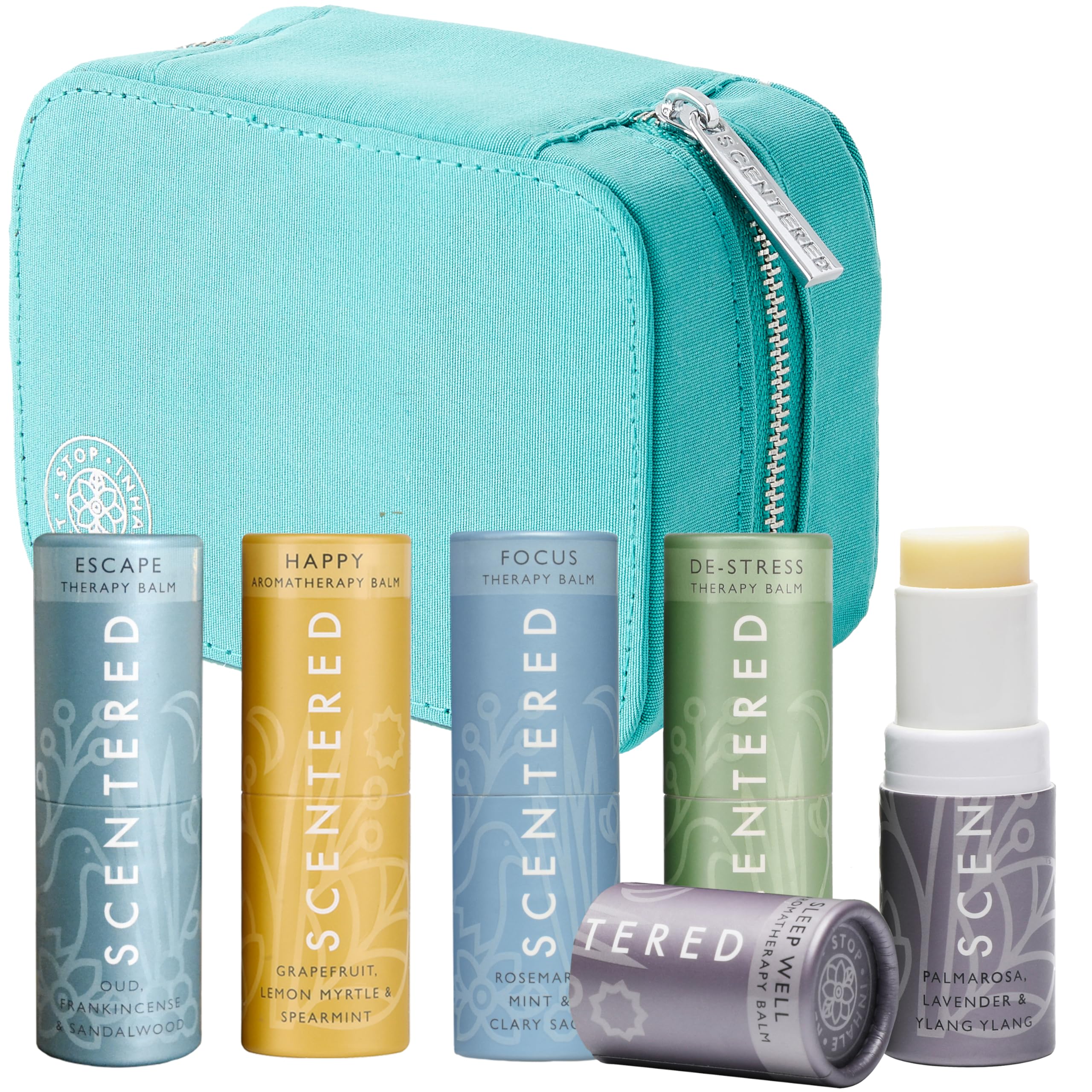 Scentered Aromatherapy Balm Stick Gift Set with Travel Pouch - Sleep, Focus, Stress-Relief, Mood Boost & Calm - Relaxing Essential Oil Blends - Unique Gift Idea for Women