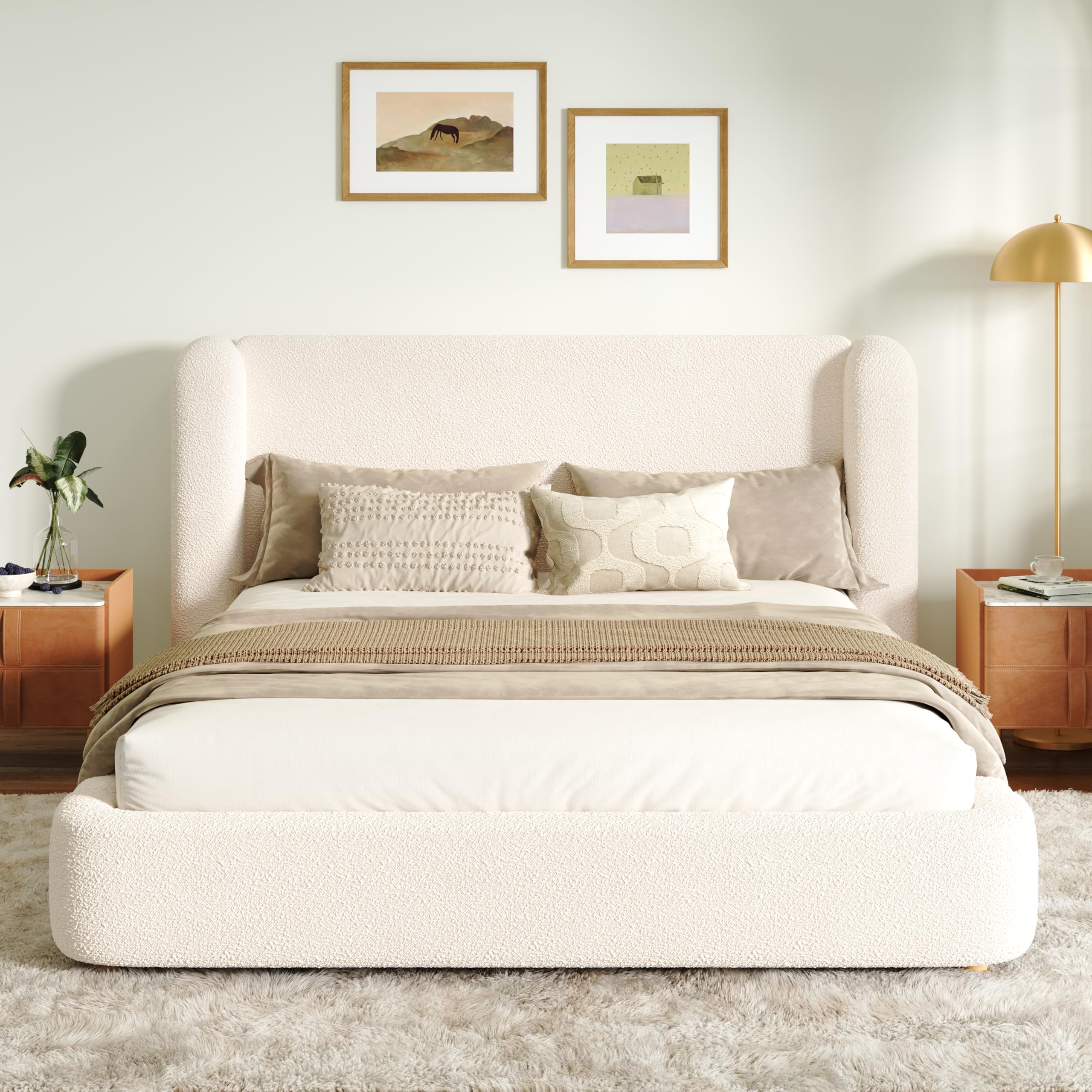 Cama Canapé 160x200 Tapizado Bouclé Cama Tapizada con Cabecero Acolchado Double Bed con Elevación Hidráulica con Somier de Lamas con Almacenamiento Integrado para Apartamento Beige