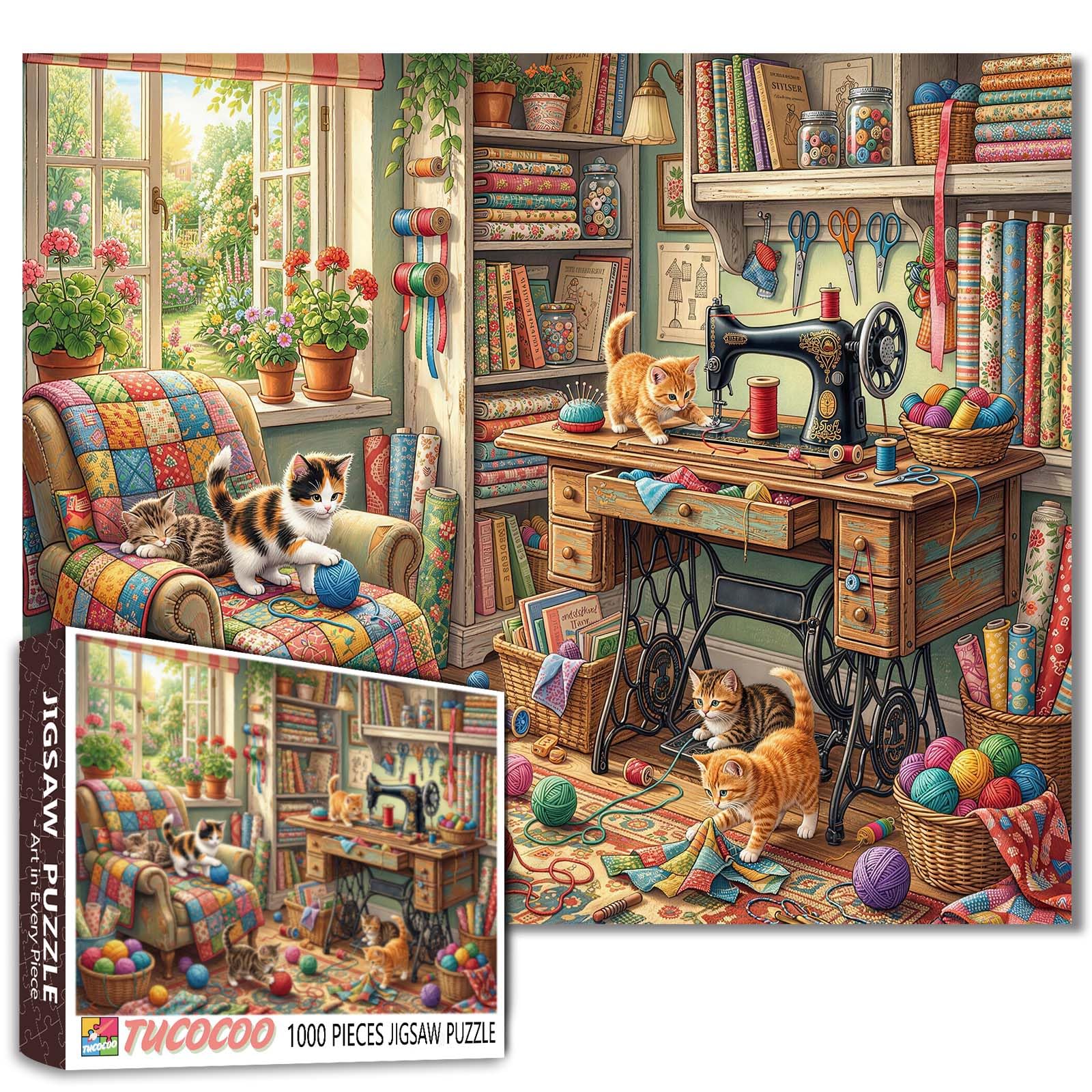 1000 Piece Jigsaw Puzzle for Adults Cute Kittens Quilting Sewing Room Puzzle Colorful Cozy Craft Scene Puzzles Animals Cat Lovers Gift 19.7 x 27.6 Inches Challenging Fun Family Activity Home Decor โ image 1