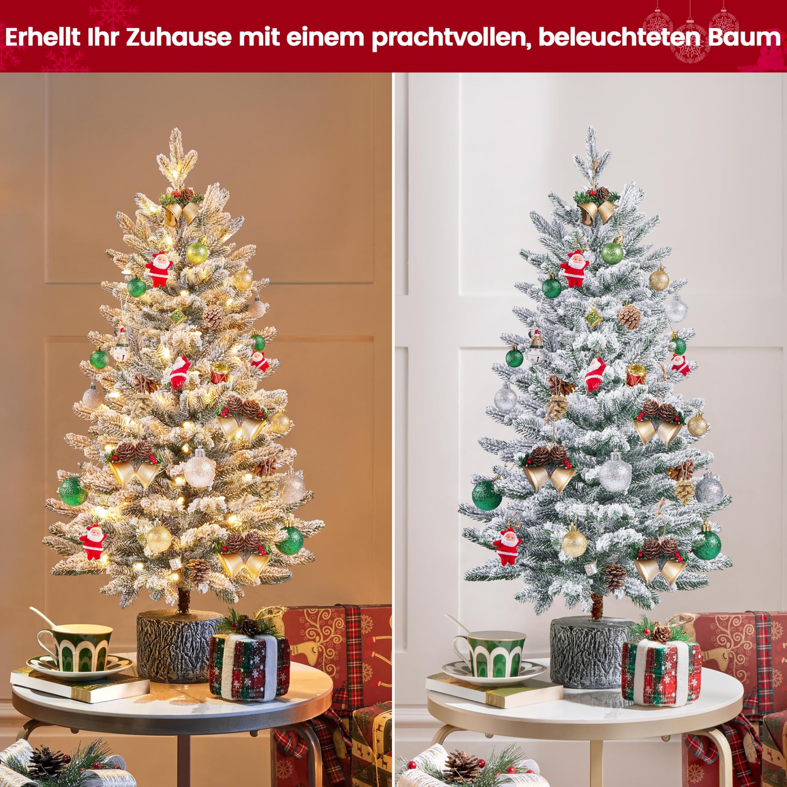 Yaheetech 92 cm Mini Künstlicher Weihnachtsbaum mit Schnee, Eingetopfter Tannenbaum mit 50 LEDs in Warmweiß und 355 Spitzen, Schneebedeckter Beflockter Kleiner Christbaum