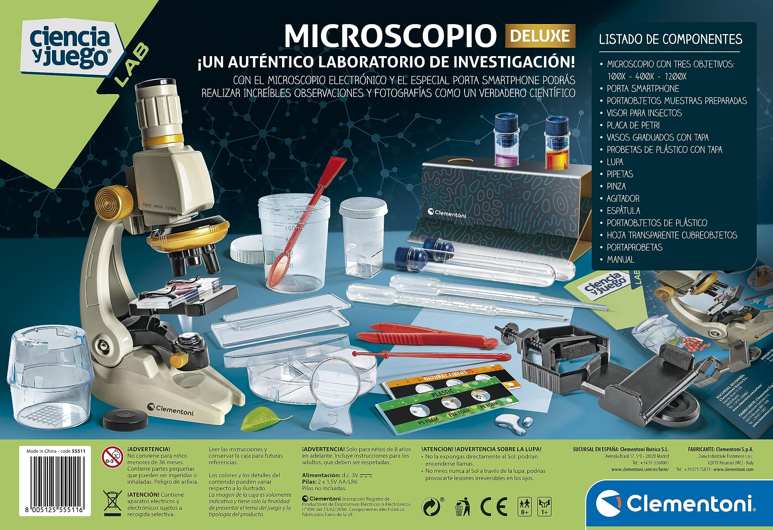 Clementoni - Microscopio Smart Deluxe de 1200x aumentos, Juguete científico, con muestras preparadas y Cristales científicos, con Soporte para móvil, a Partir de 8 años, Juguete en español (55511)