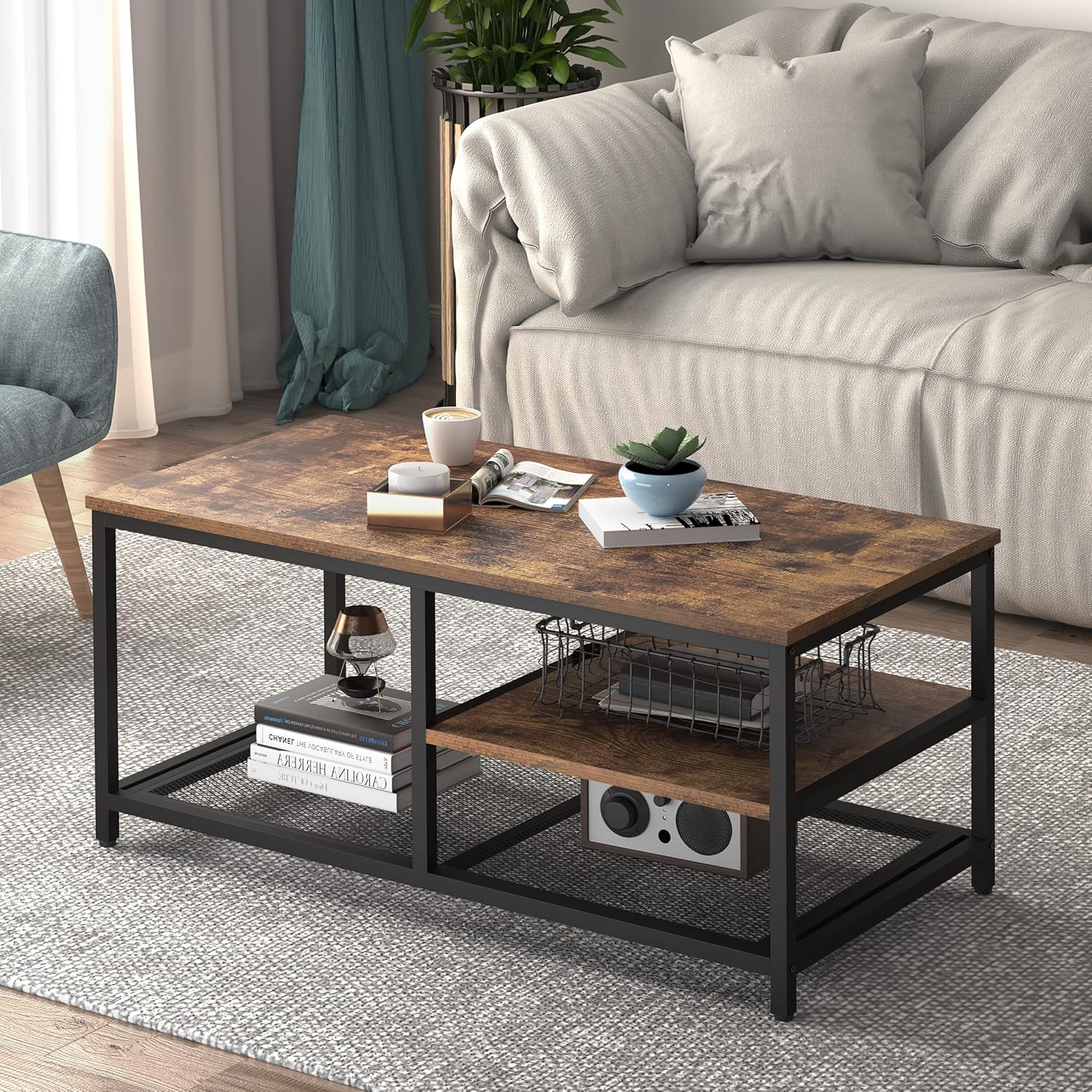Usinso Coffee Table, Industrial Coffee Table with 3-Tier Storage Shelf for Living Room, Rectangle Vintage Wood and Stable Metal Coffee Table, 40 inch Rustic Brown : Home & Kitchen