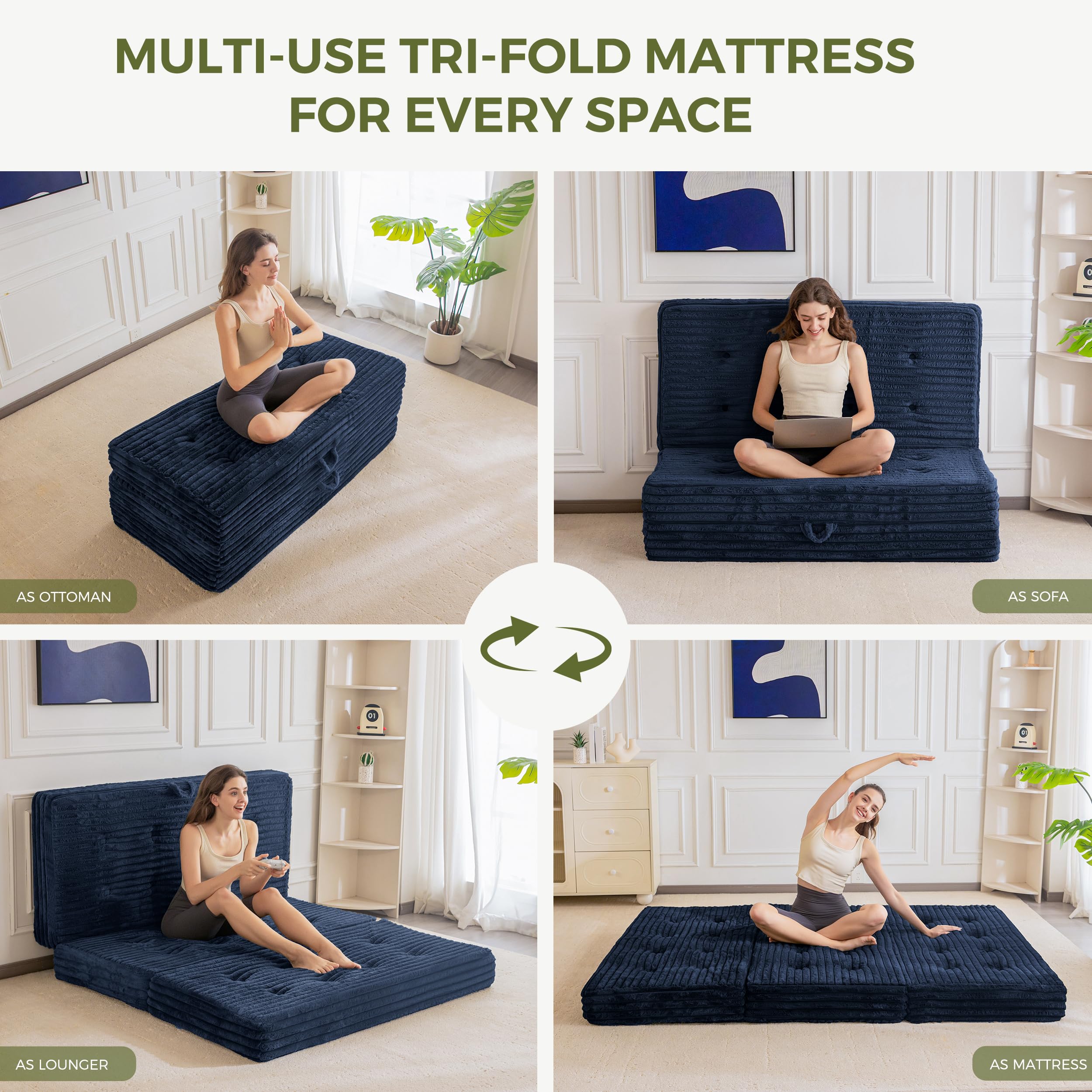 MAXYOYO Matelas składany 190*135*15cm, Matelas składany wypełniony 15 cm z powłoką z wysokiej jakości sztucznego futra, składany futon do salonu/pokoju gościnnego w trzech częściach