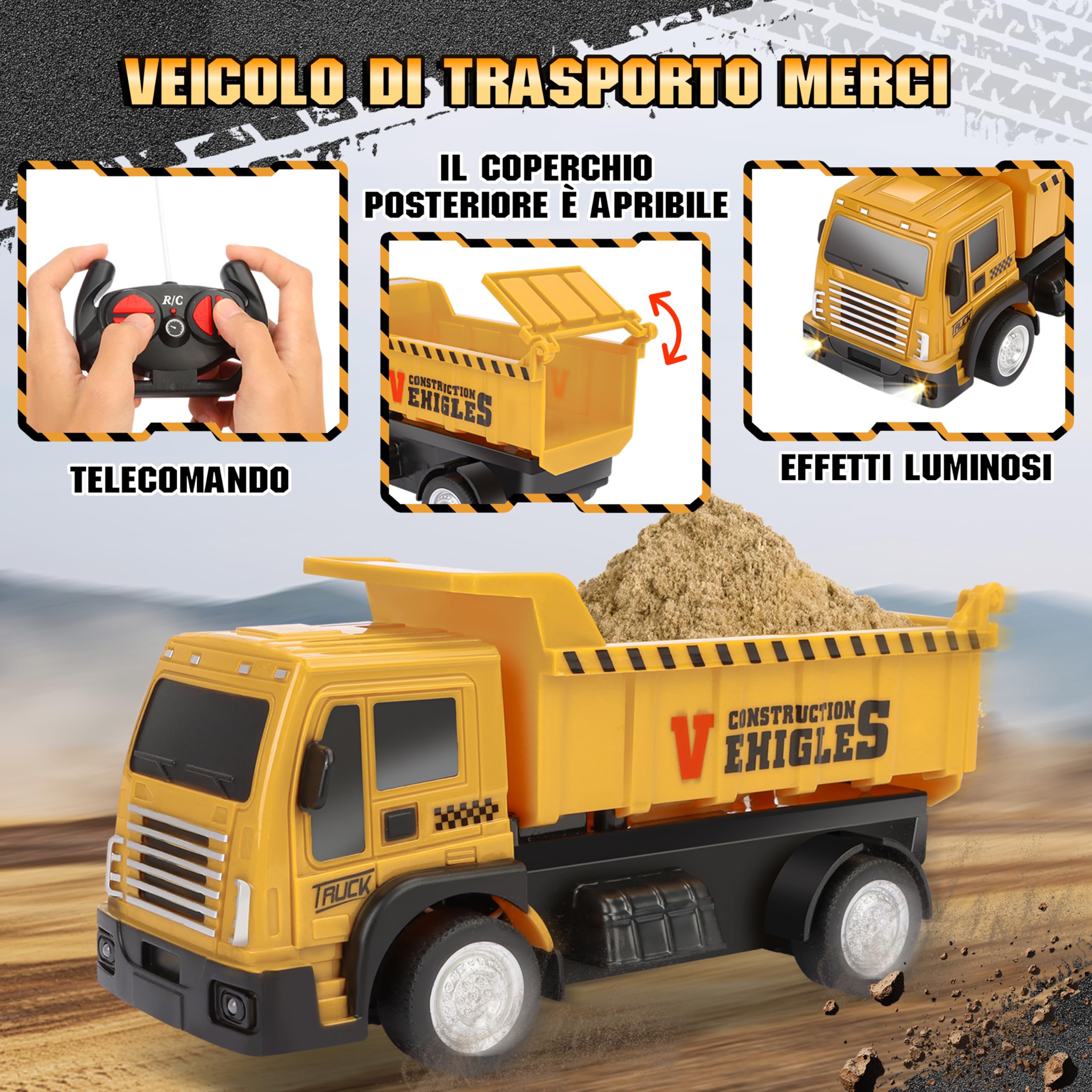 Charmofun 2PCS Kit Escavatore Telecomandato con Veicolo telecomandato, 2.4Ghz escavatore radiocomandato per Bambini - con Luci e Suoni e Spalletta in Metallo, RC Camion Escavatore Regalo Compleanno