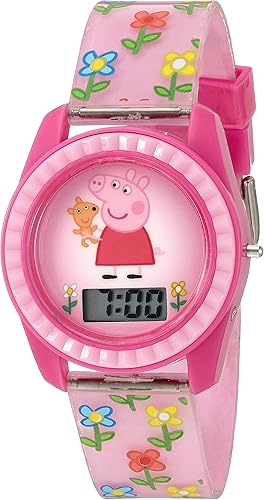 Peppa Pig - Reloj digital LCD para niños, correa floral rosa, pantalla de fácil lectura, divertido diseño de personajes de dibujos animados, ajuste