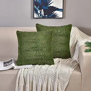 YUSOKI Luxury Faux Fur Throw Pillow Covers-18 x18,Set of 2-Decorative Fuzzy Fluffy Cozy Pillow Cases for Sofa Couch Bedroom Without Insert(Olive Green,18"x18")