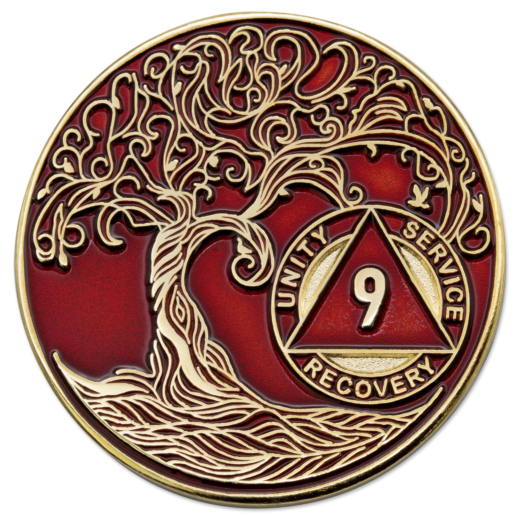 1 to 50 Year Twisted Tree of Life Sobriety Coin - Gold Plated AA Chips &amp; Medallions - 9 Year Sobriety Coin - Red