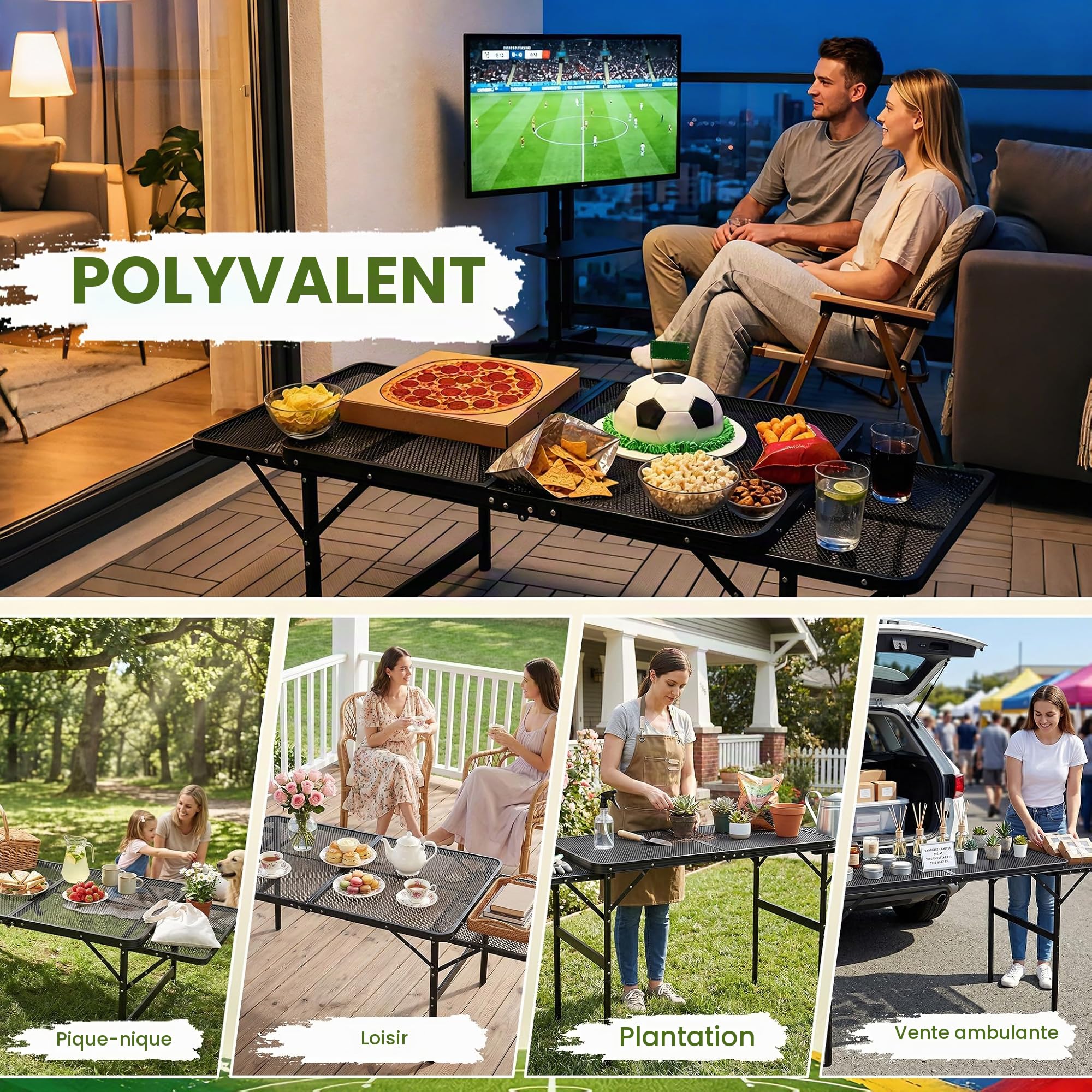 Tables de camping pliantes avec plateau en treillis métallique, étagère pliable et poignée, 2 hauteurs réglables, table d'appoint en métal, table de jardin jusqu'à 30 kg, table pliante