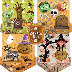 BASHOUT Halloween Cookie Boxes | 24 Pcs Variety Party Pack (4 Unique Designs) | 5” x 5” Inch Spookie Treat Containers | Candy, Bakery Gift Giving Ghostly Boxes | Halloween Decorations Dessert Cartons