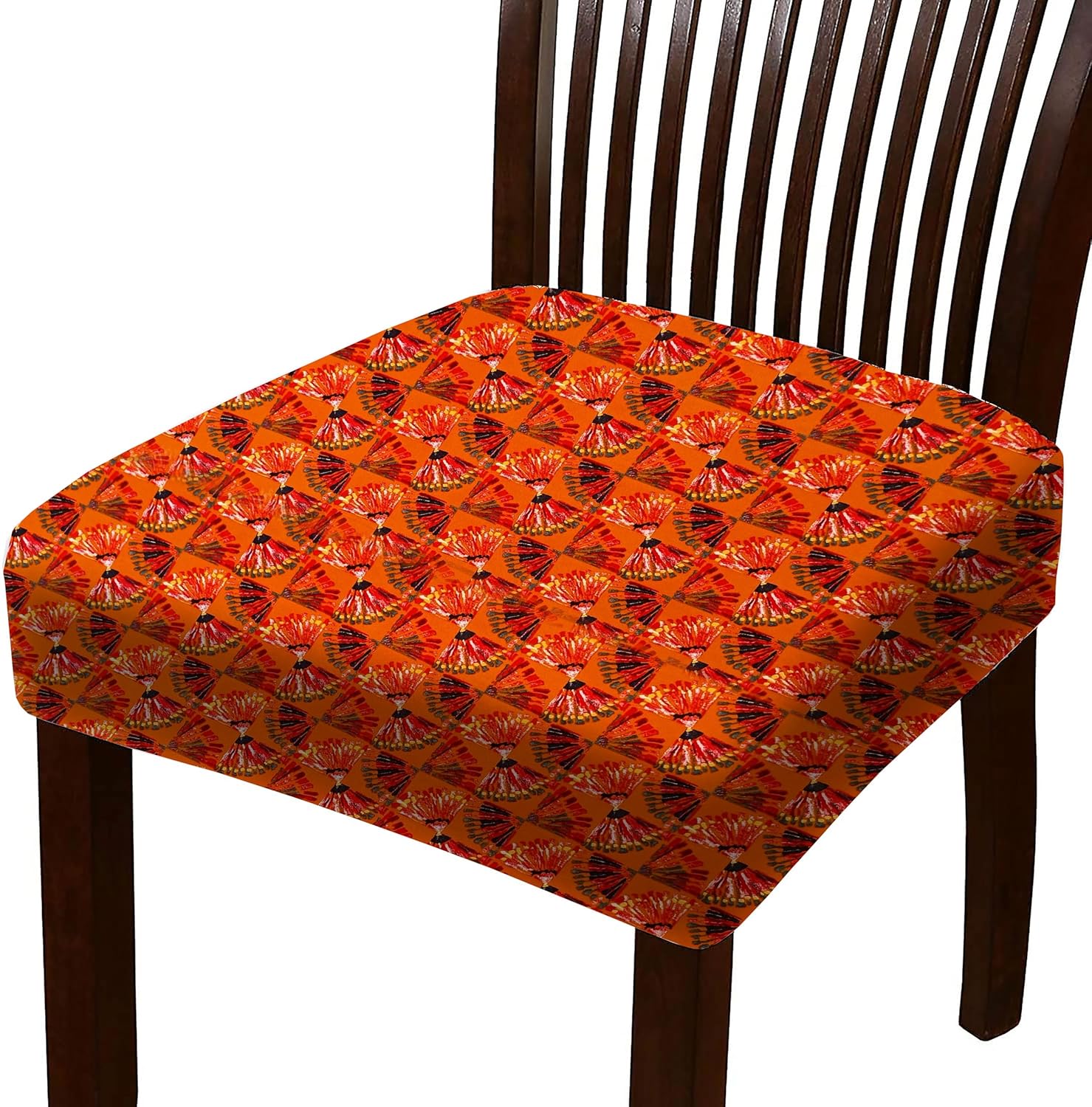 HOTKEI Pack of 6 Orange Printed Dining Chair Seat Cover Elastic Magic