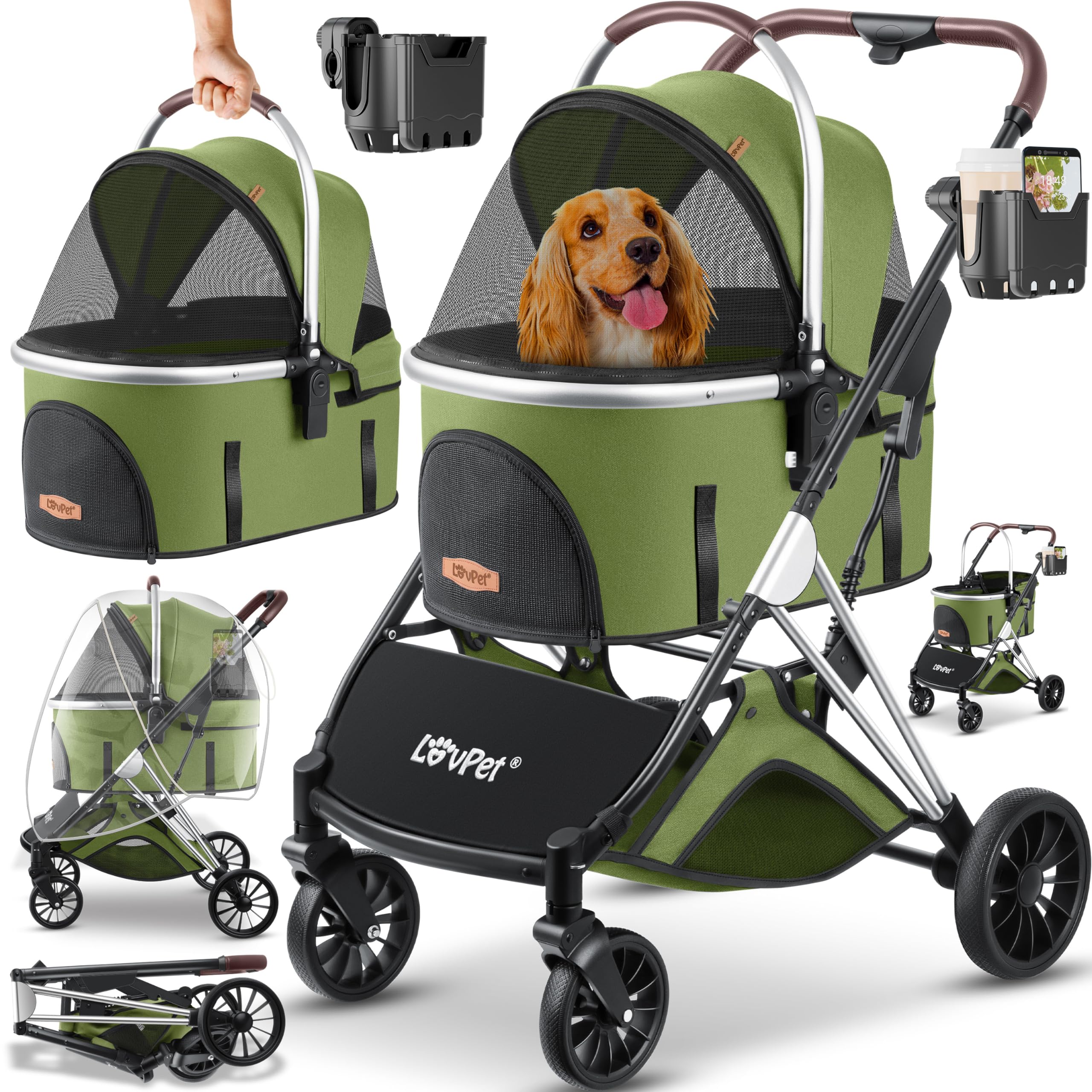 LOVPET® Cochecito para Perros y Gatos 3en1 Carrito Plegable | Transporte Bolsa 360° Ruedas Grandes | Transportín para Mascotas, Red & Cubierta para la lluvia, Jogger