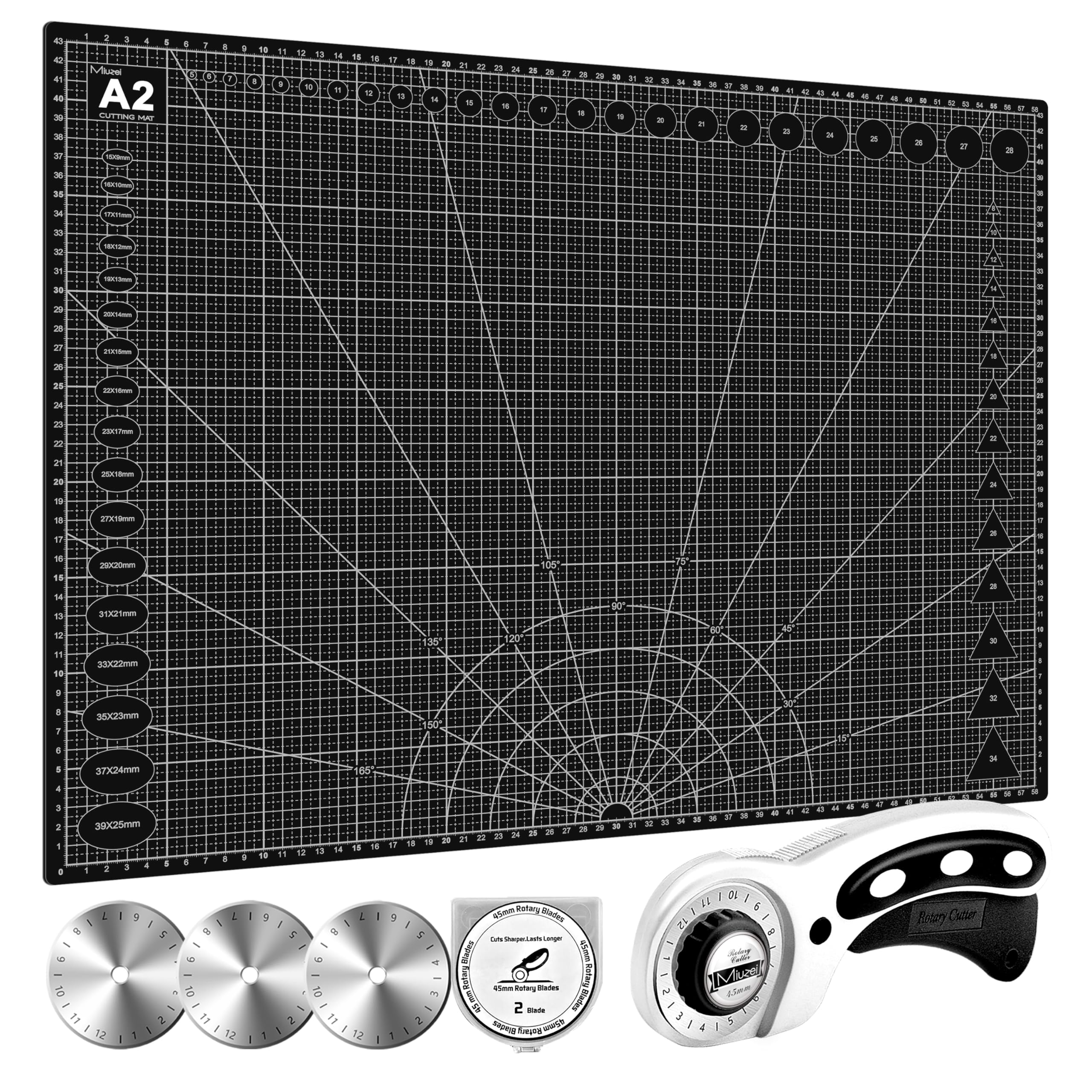 Miuzei Tappetino da taglio A2 con cutter circolare, tappetino da taglio grande, resistente ai tagli, autorigenerante, perfetto per cucito, artigianato, patchwork, 45 x 60 cm, nero