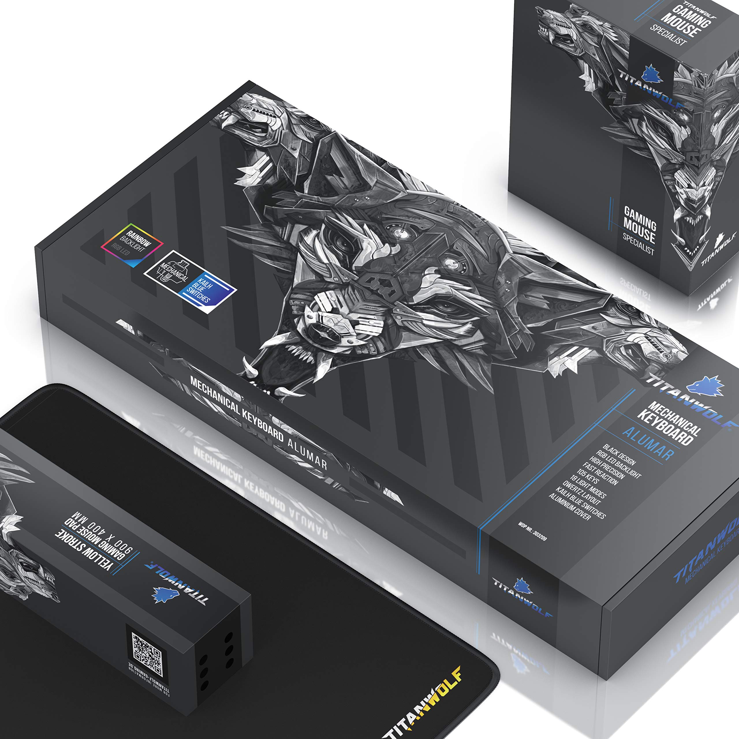 TITANWOLF Mechanische Tastatur ALUMAR MMO 10800dpi Gaming Maus XXL Mauspad Set, Anti-Ghosting, LED Backlight