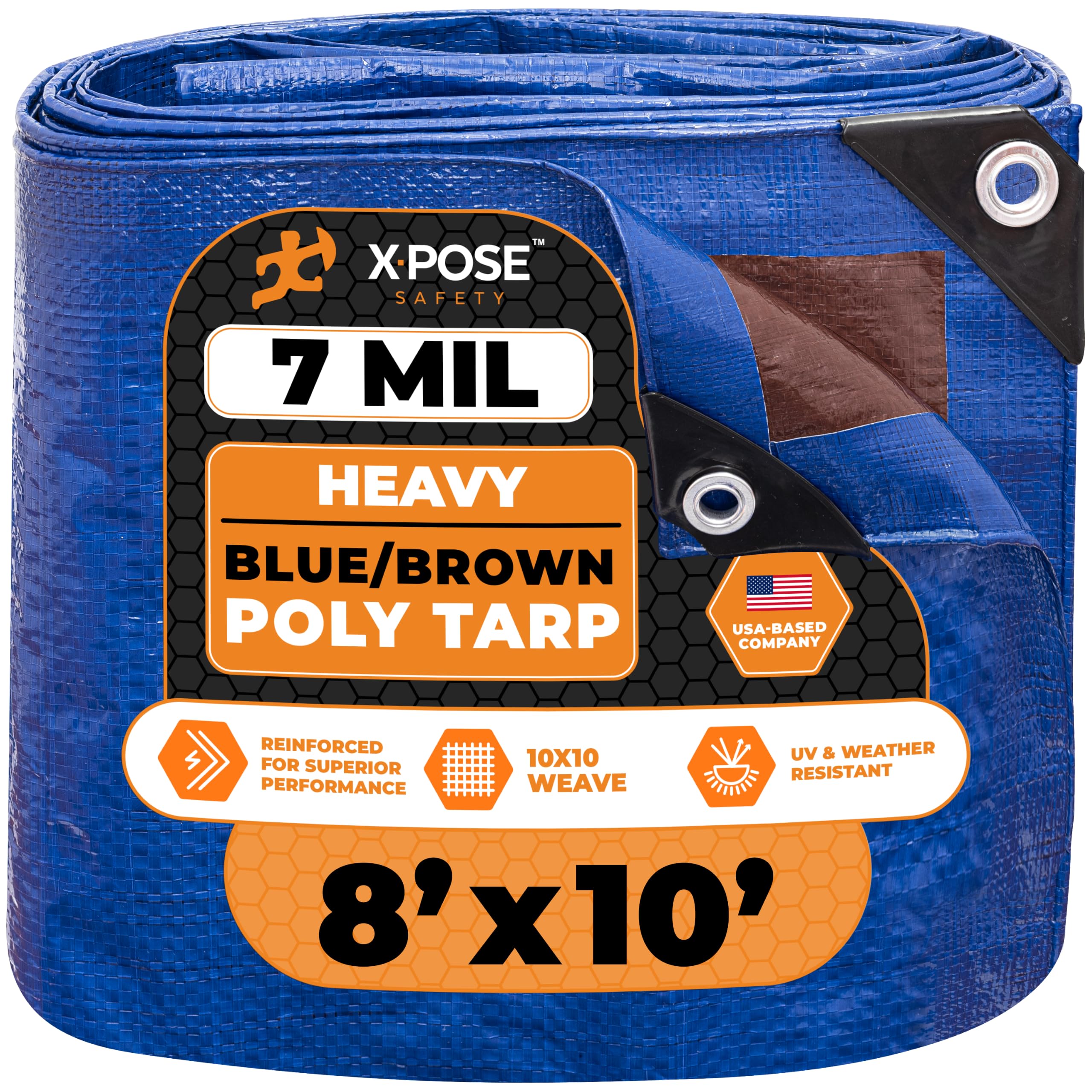 Xpose Safety 8’ x 10’ Heavy Blue/Brown Tarp - Waterproof - 7 Mil Weatherproof Camping Tarp for Tent, Rain, Wind &amp; Sun - Plastic Tarpaulin Cover Outdoor for Roof, Trailer, RV, Car, Boat