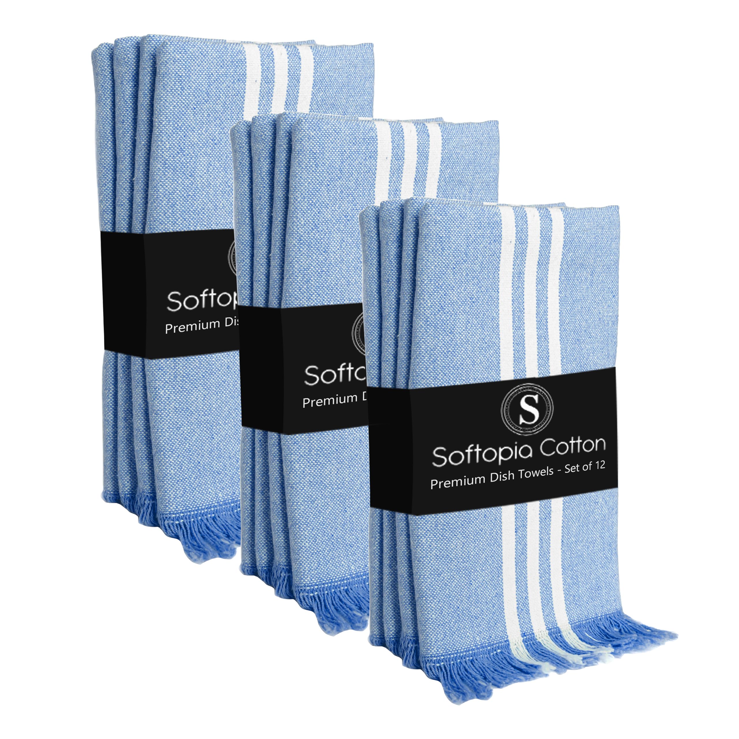 Stripe Kitchen Dish Towels 12 Pack, 16x26 Inches, 100% Cotton Tea Towels, Quick Dry Wash Rags, Reusable and Washable Dishcloths, Absorbent Hand Towel for Everyday Use - Sky Blue