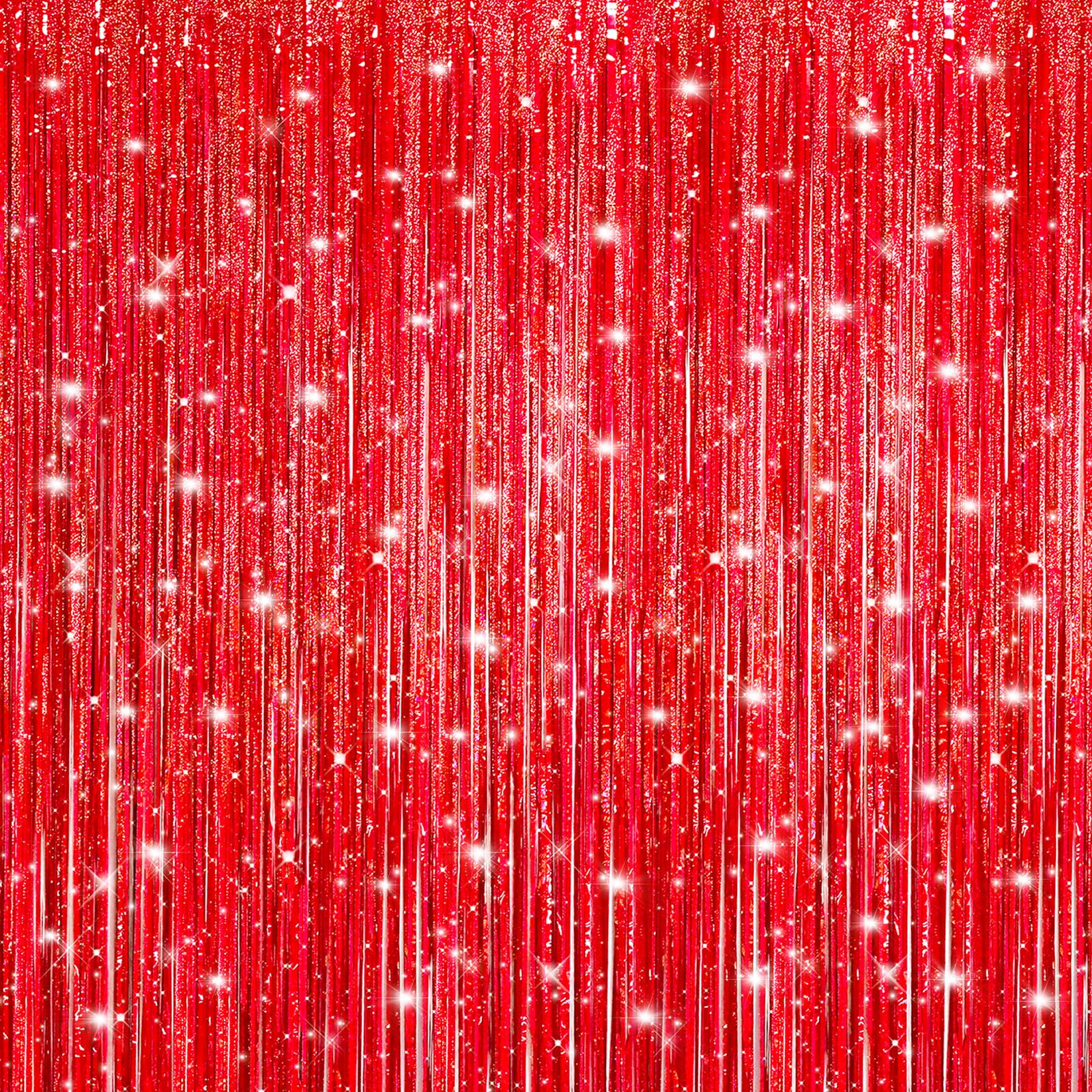 Crosize 4 Pack Laser Red Party Streamers Backdrop, 3.3 x 9.9 ft | Tinsel Foil Fringe Curtain, Birthday Decorations, Party Decor, Door Streamers, Glitter Photo Backdrop