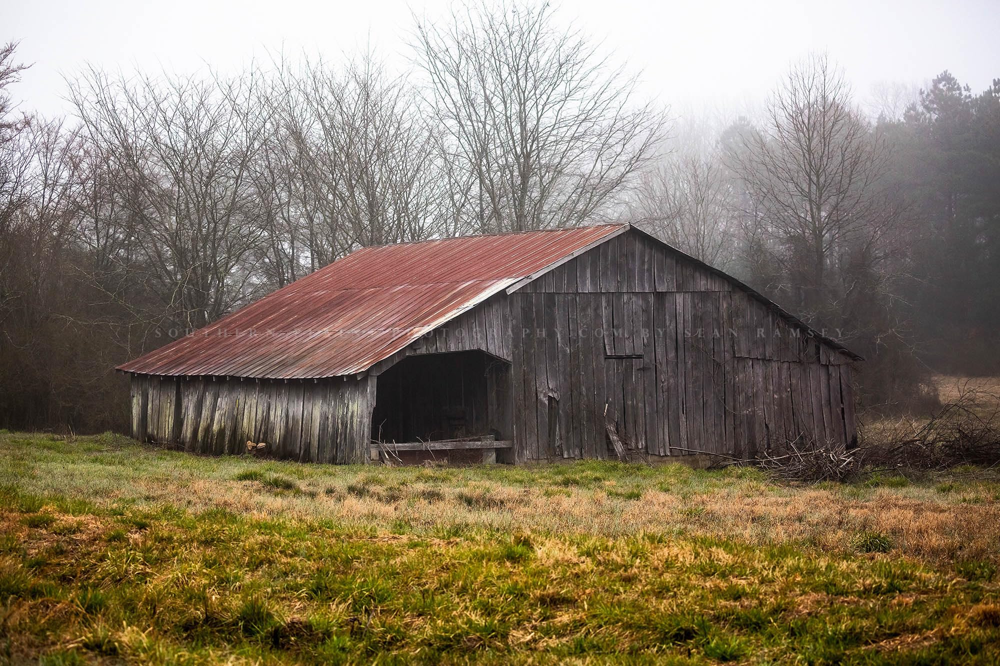 Country Photography Print (Not Framed) Picture of Rustic Barn with Rusted Tin Roof on Foggy Spring Day in Arkansas Farm Wall Art Farmhouse Decor (24