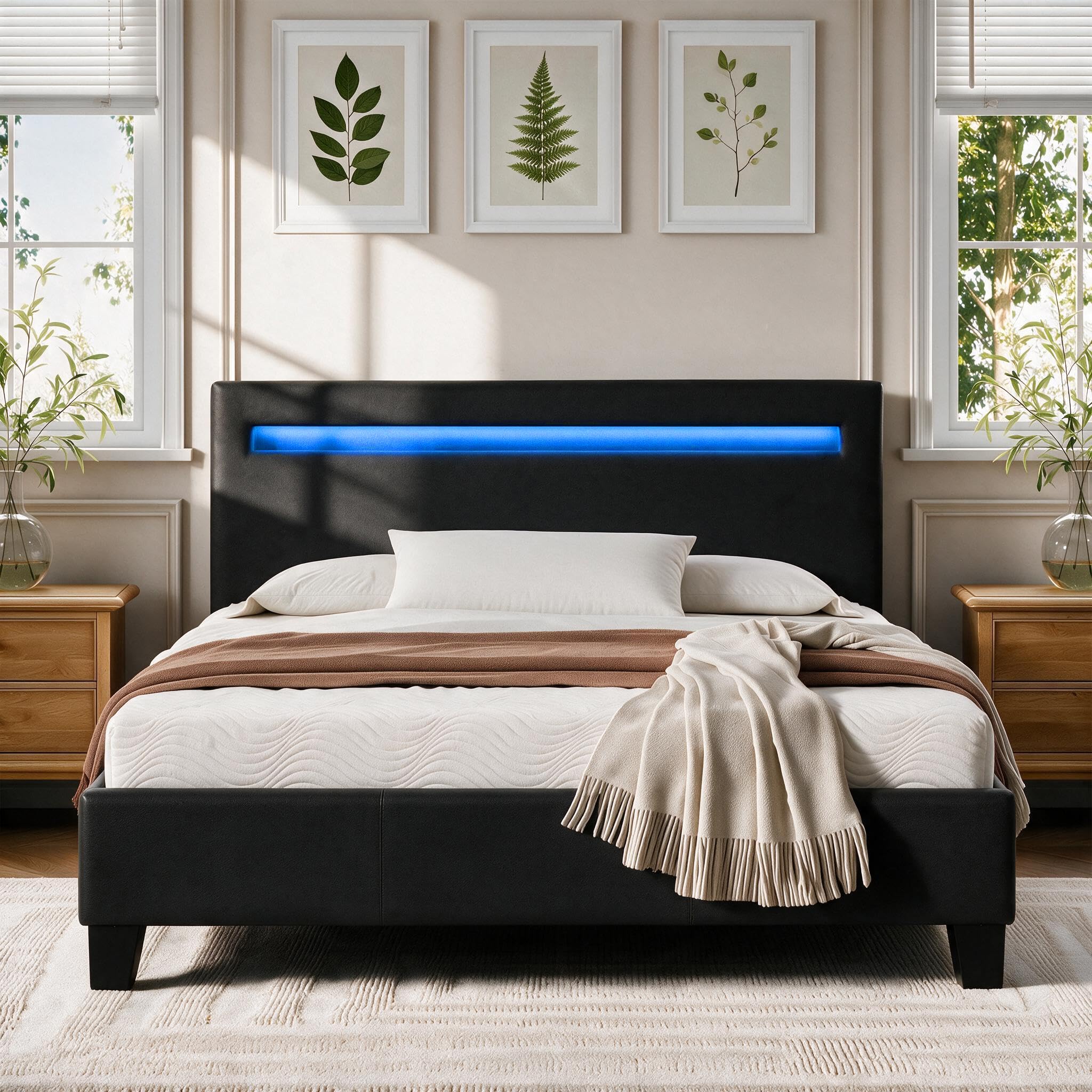Comfy Living 4ft6 Double Faux Leather Bed Frame with LED Lights, Upholstered Headboard & Wooden Slat Support, Platform Metal Bed Base, Black