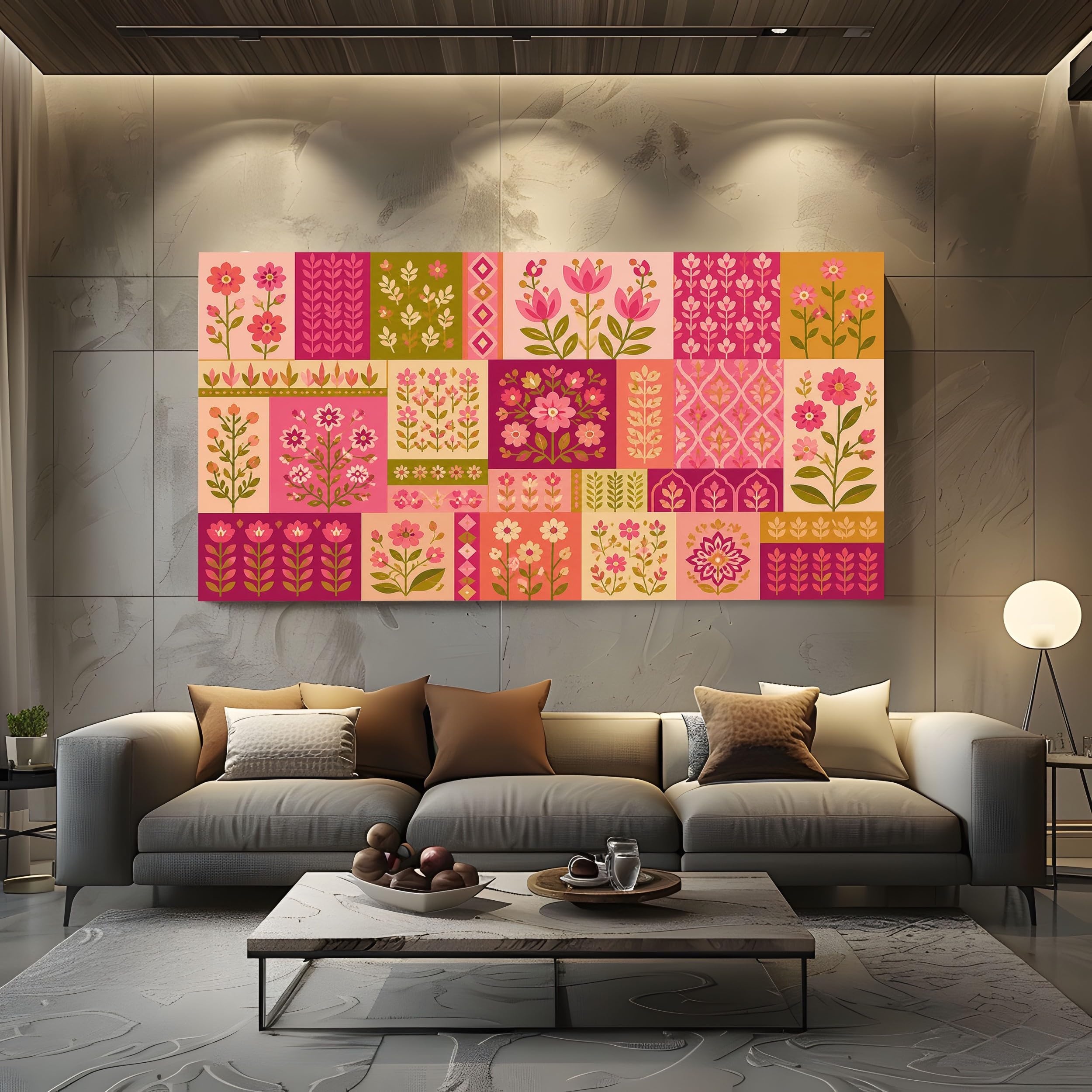 Quadri Camera Da Letto Piastrelle Floreali Geometriche Cornice 70X140 Cm