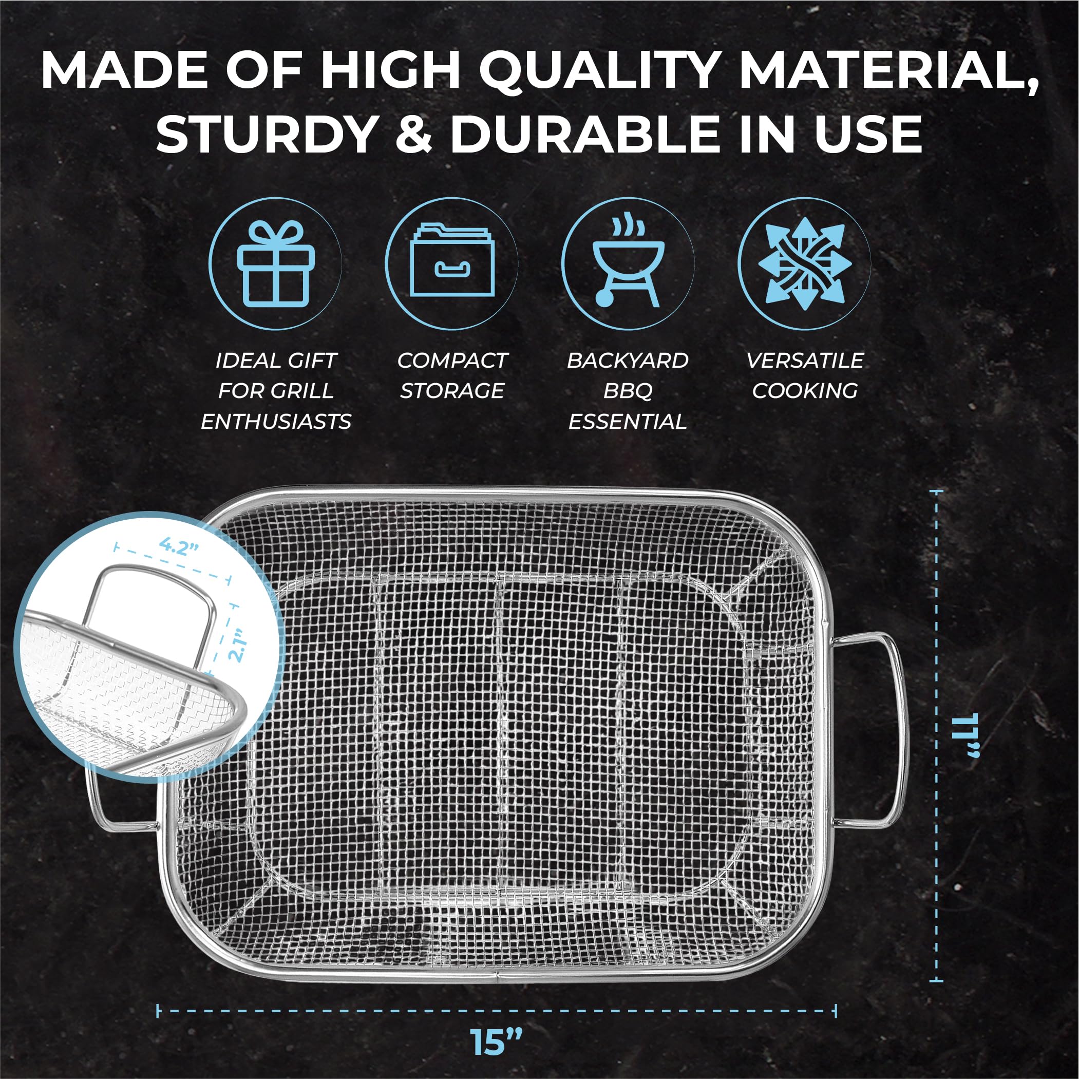 Homi Styles Grill-Gemüsekorb - 15 x 11 Zoll - Rostfreier Edelstahl Mesh Veggie Grillkorb - Silber