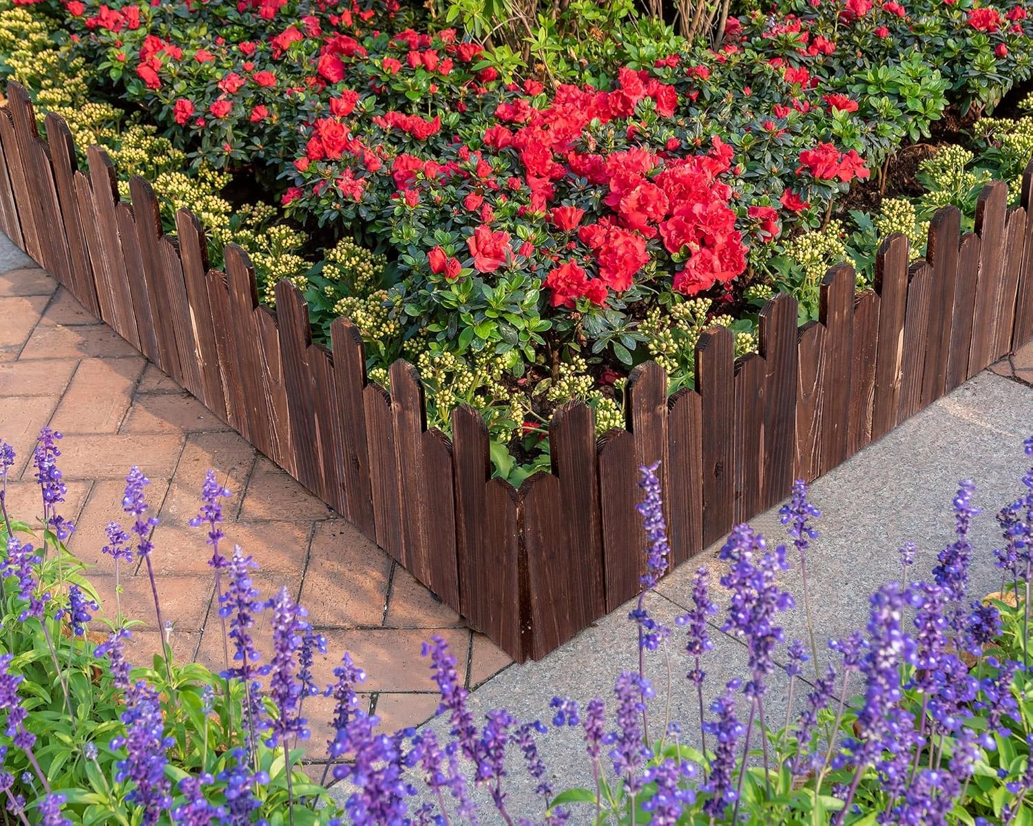 Soaoo 4 Pack Wood Garden Edging Border Outdoor Flexible Landscape Border Fence Decorative Lawn Edging with Gloves for Flower Bed Pathway Garden Yard (Dark Brown)