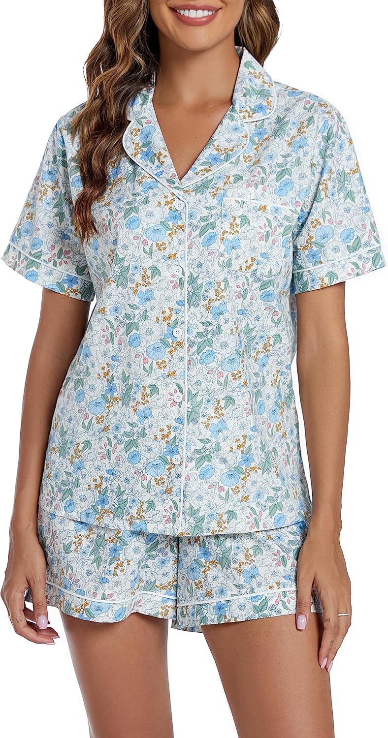 LUBOT 100% Cotton Pajamas for Women 2 Piece PJ Set Woven Poplin Ladies Button Down Short Sleeve Summer Sleepwear S-XXL