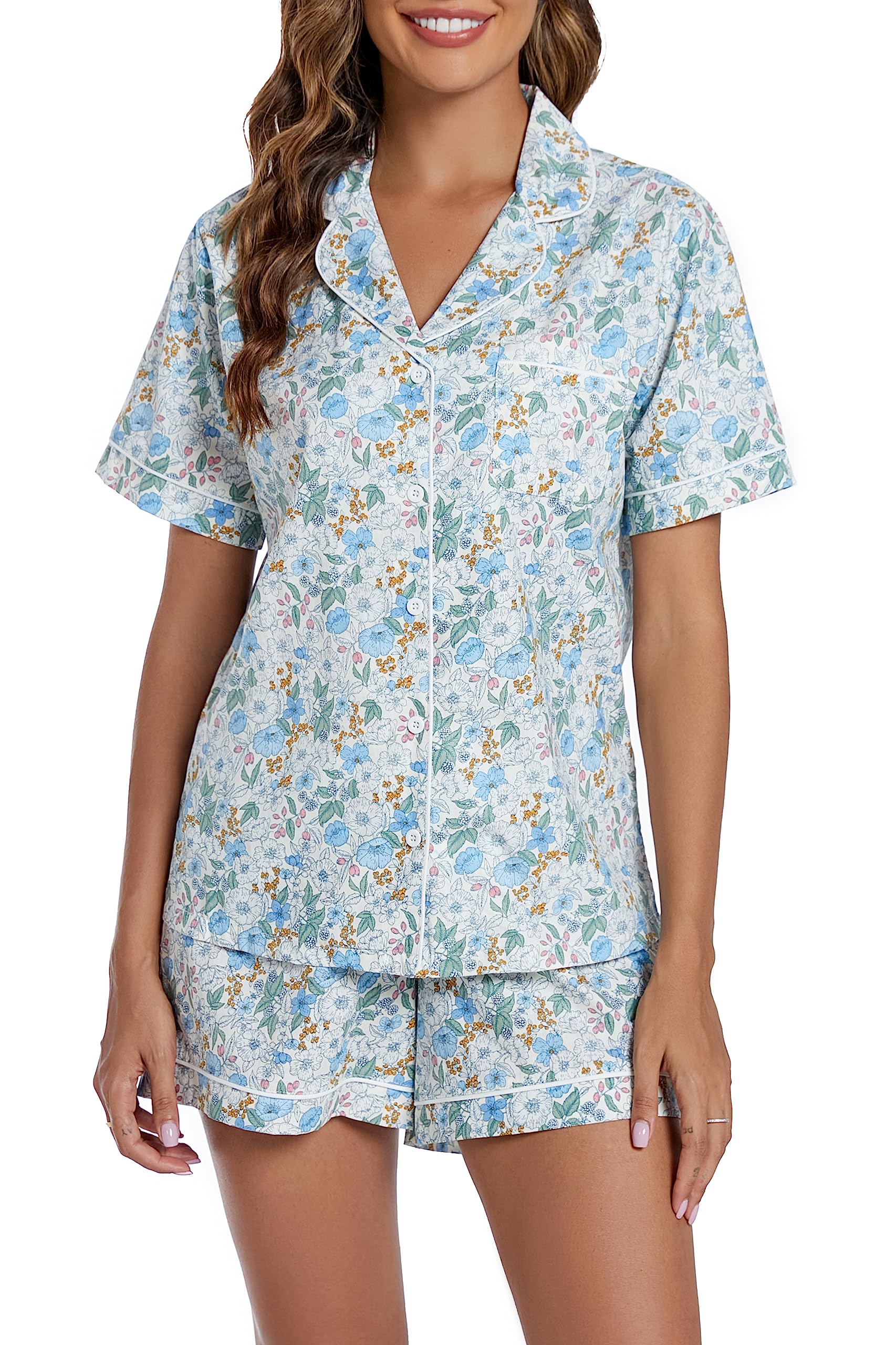 LUBOT 100% Cotton Pajamas for Women 2 Piece PJ Set Poplin Woven Lightweight Ladies Button Short Sleeve Sleepwear S-XXL