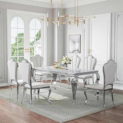 Vista 20 de Juego de mesa de comedor de mármol para mesa de cocina de mármol sintético blanco de 6,70 pulgadas y sillas de terciopelo para 6,7 piezas de mesa